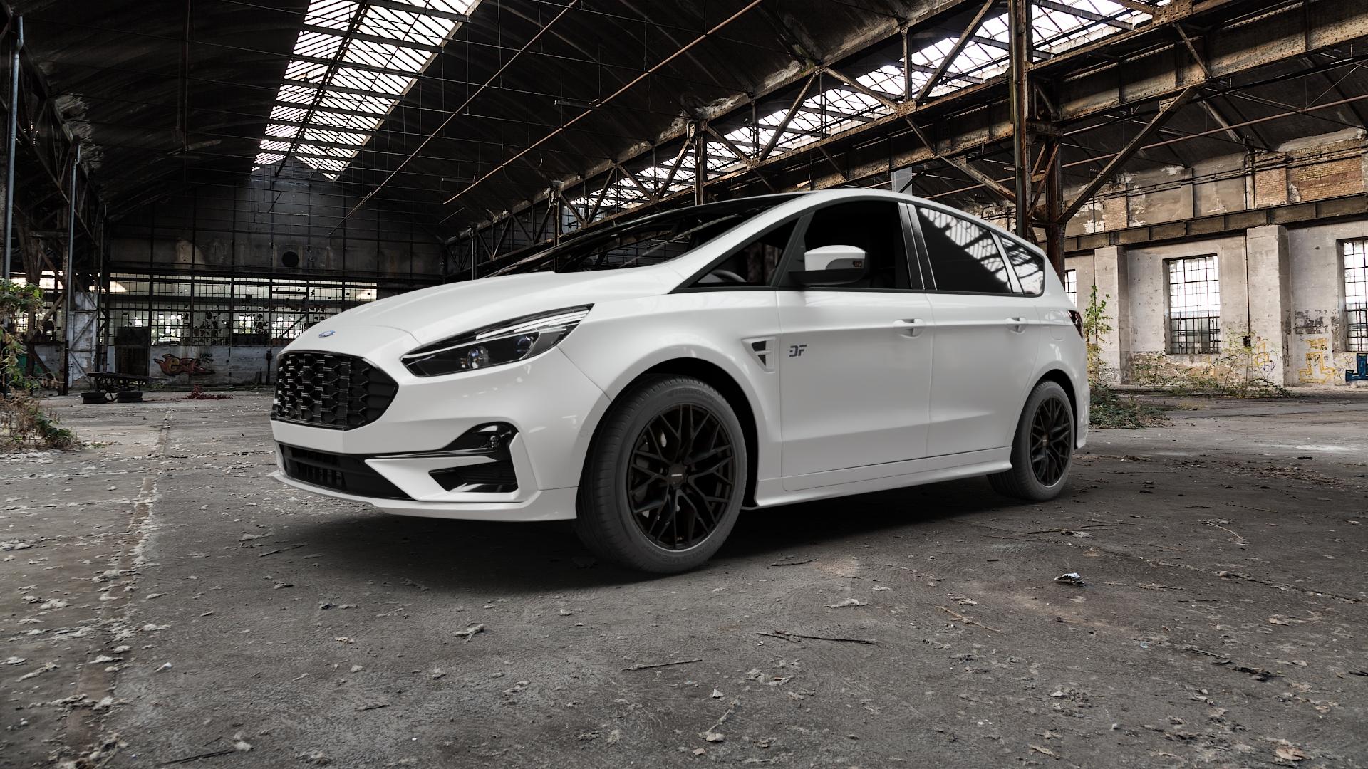 CARMANI 20 Ludwig black matt Felge mit Reifen schwarz in 18Zoll Winterfelge Alufelge auf weissem Ford S-Max Typ WAH6 ⬇️ mit 15mm Tieferlegung ⬇️ Old Industrial Hall_max5000mm_2022 Frontansicht_1