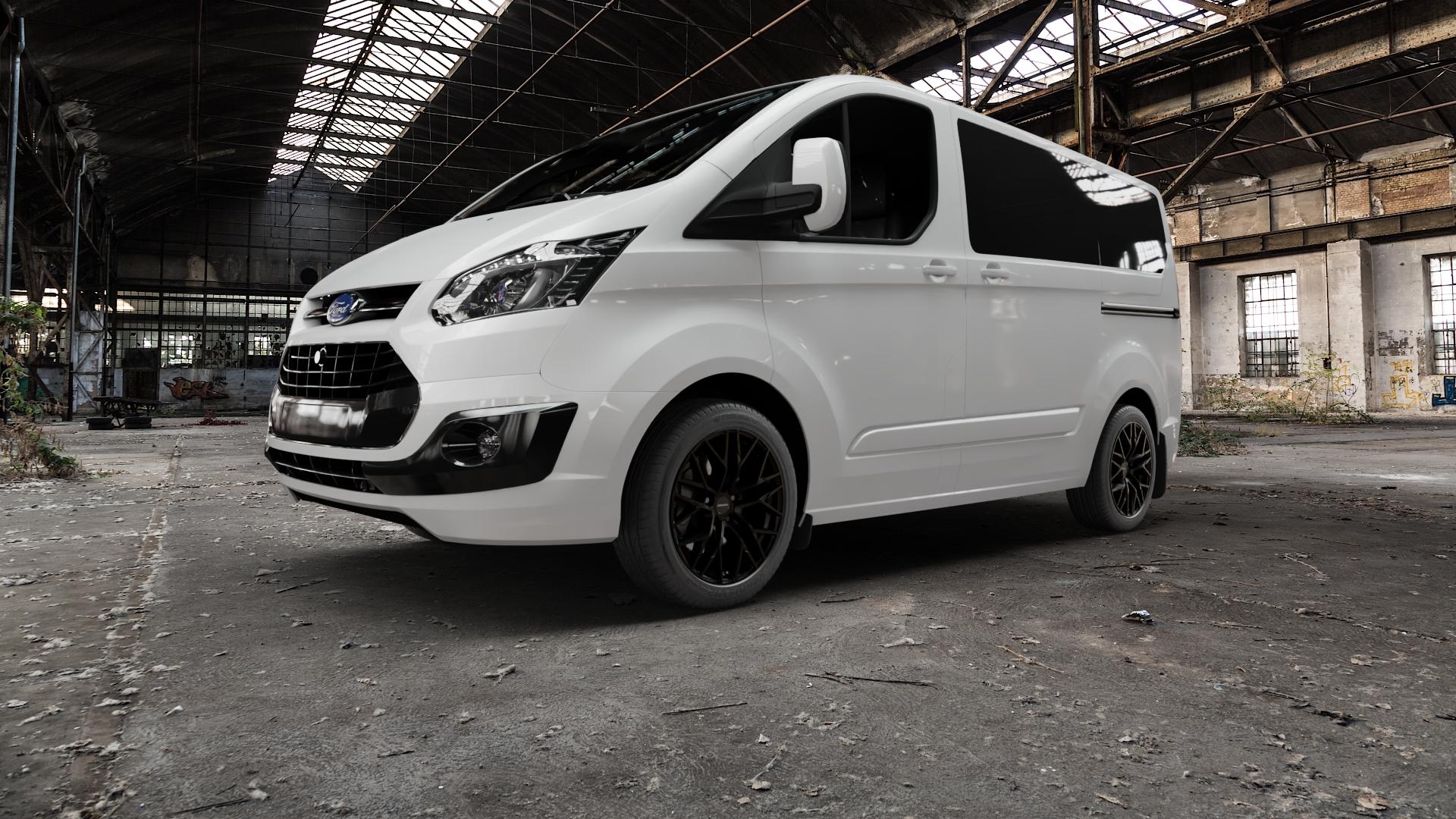 CARMANI 20 Ludwig black matt Felge mit Reifen schwarz in 18Zoll Winterfelge Alufelge auf weissem Ford Tourneo Custom Typ FAC (12->) ⬇️ mit 15mm Tieferlegung ⬇️ Old Industrial Hall_max5000mm_2022 Frontansicht_1