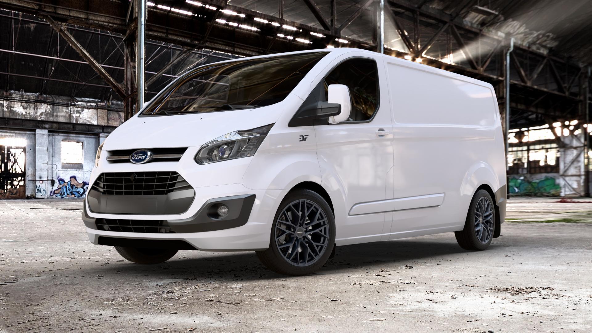 CARMANI 20 Ludwig black matt Felge mit Reifen schwarz in 18Zoll Winterfelge Alufelge auf weissem Ford Transit Custom Typ FCC (12->) ⬇️ mit 15mm Tieferlegung ⬇️ Old Industrial Hall_max_5300mm_2024 Frontansicht_1