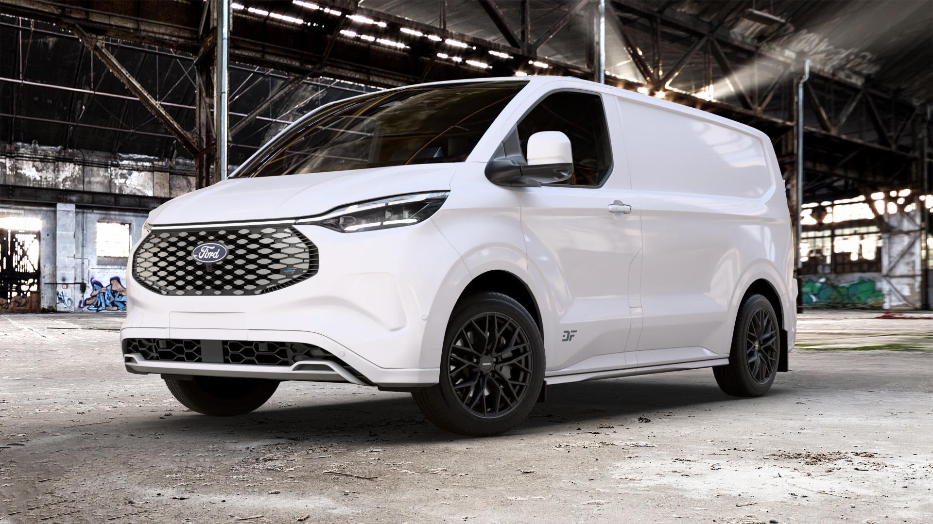 CARMANI 20 Ludwig black matt Felge mit Reifen schwarz in 18Zoll Winterfelge Alufelge auf weissem Ford Transit Custom Typ NRN 0,0l 85kW e-Transit (116 PS) ⬇️ mit 15mm Tieferlegung ⬇️ Old Industrial Hall_max_5300mm_2024 Frontansicht_1