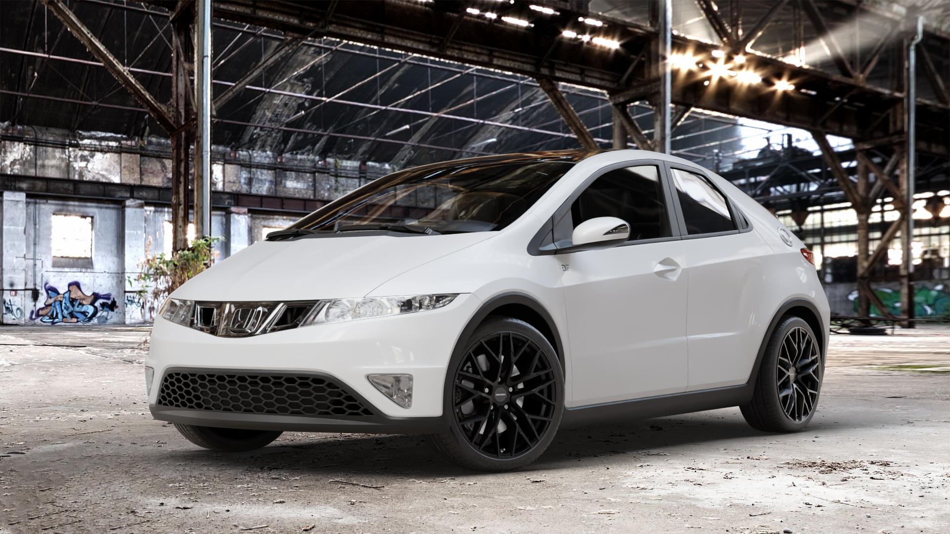 CARMANI 20 Ludwig black matt Felge mit Reifen schwarz in 18Zoll Winterfelge Alufelge auf weissem Honda Civic 8 Fünftürer (FK) 1,4l V-Tec (FK1) 73kW (99 PS) ⬇️ mit 15mm Tieferlegung ⬇️ Old Industrial Hall_max_4400mm_2024 Frontansicht_1