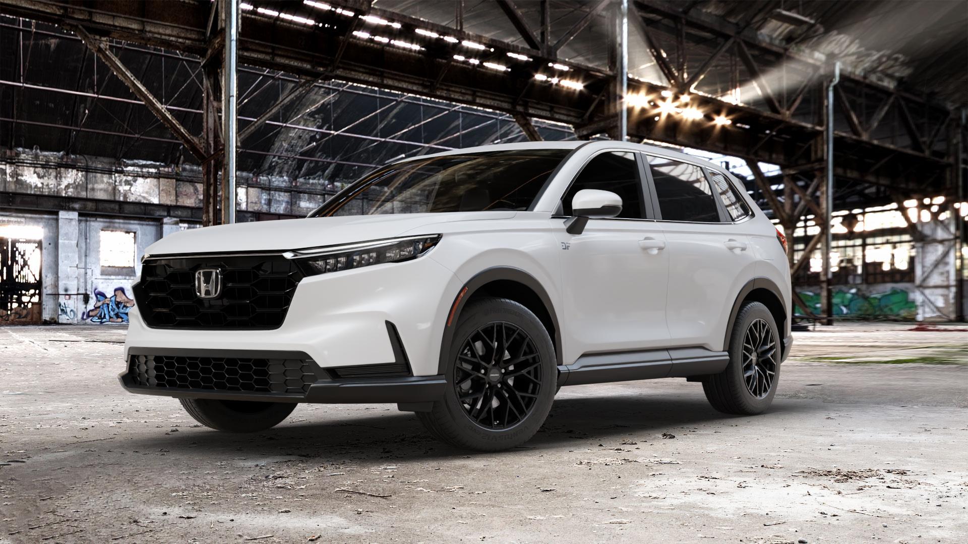 CARMANI 20 Ludwig black matt Felge mit Reifen schwarz in 18Zoll Winterfelge Alufelge auf weissem Honda CR-V VI (RS) ⬇️ mit 15mm Tieferlegung ⬇️ Old Industrial Hall_max_5300mm_2024 Frontansicht_1