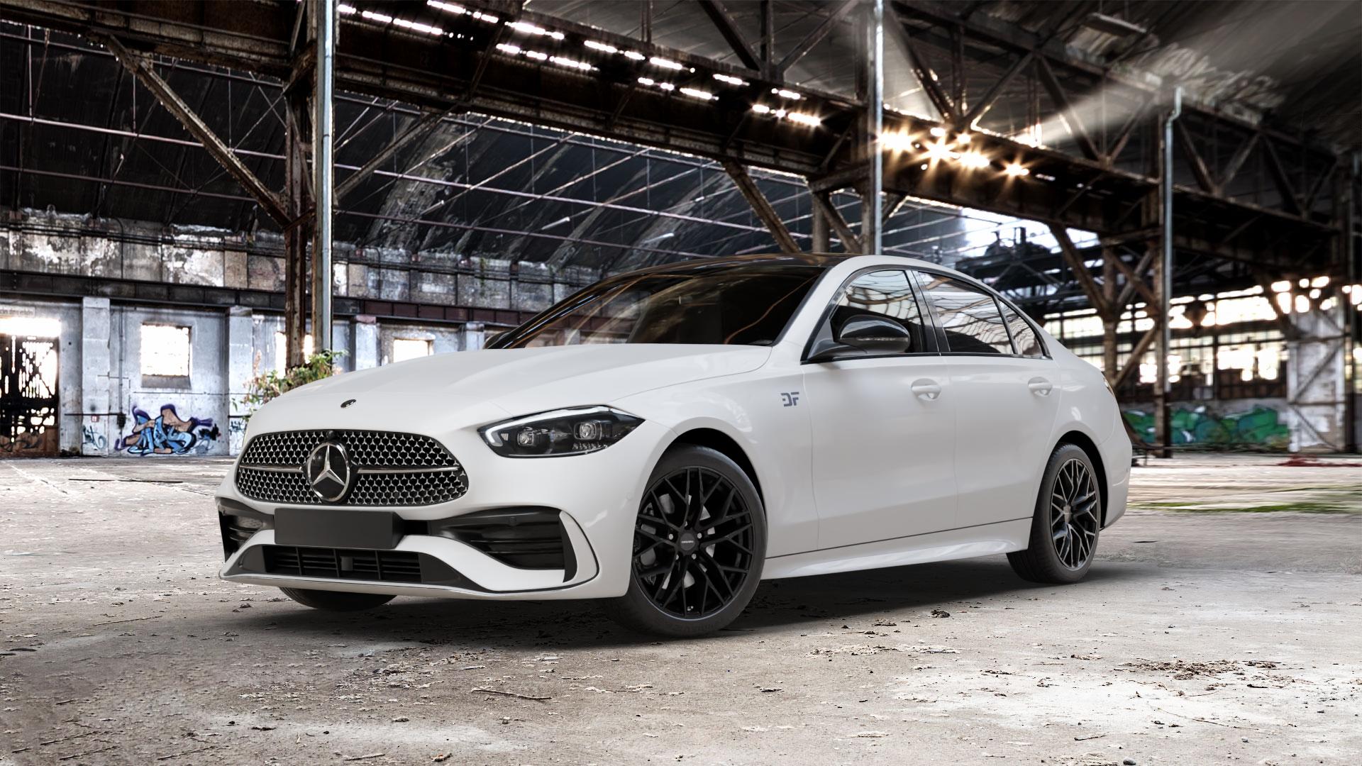 CARMANI 20 Ludwig black matt Felge mit Reifen schwarz in 18Zoll Winterfelge Alufelge auf weissem Mercedes C-Klasse Typ W206 Limousine ⬇️ mit 15mm Tieferlegung ⬇️ Old Industrial Hall_max_5300mm_2024 Frontansicht_1