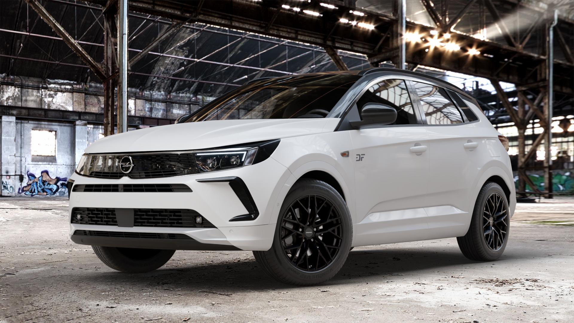 CARMANI 20 Ludwig black matt Felge mit Reifen schwarz in 18Zoll Winterfelge Alufelge auf weissem Opel Grandland Typ Z Facelift ⬇️ mit 15mm Tieferlegung ⬇️ Old Industrial Hall_max_4400mm_2024 Frontansicht_1
