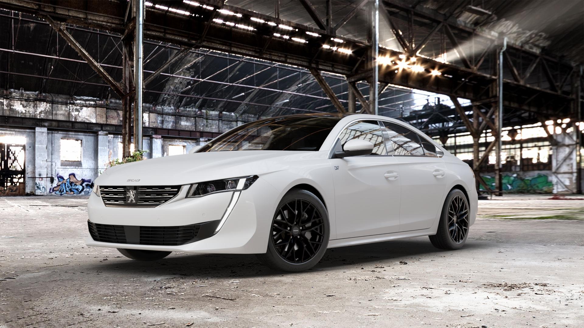 CARMANI 20 Ludwig black matt Felge mit Reifen schwarz in 18Zoll Winterfelge Alufelge auf weissem Peugeot 508 Typ F Limousine ⬇️ mit 15mm Tieferlegung ⬇️ Old Industrial Hall_max_5300mm_2024 Frontansicht_1