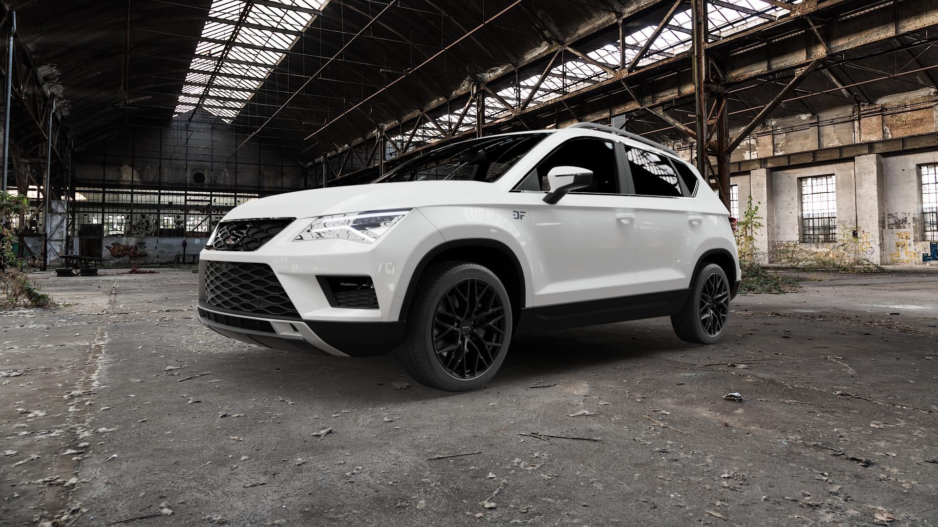 CARMANI 20 Ludwig black matt Felge mit Reifen schwarz in 18Zoll Winterfelge Alufelge auf weissem Seat Ateca Typ 5FP X-Perience ⬇️ mit 15mm Tieferlegung ⬇️ Old Industrial Hall_max5000mm_2022 Frontansicht_1