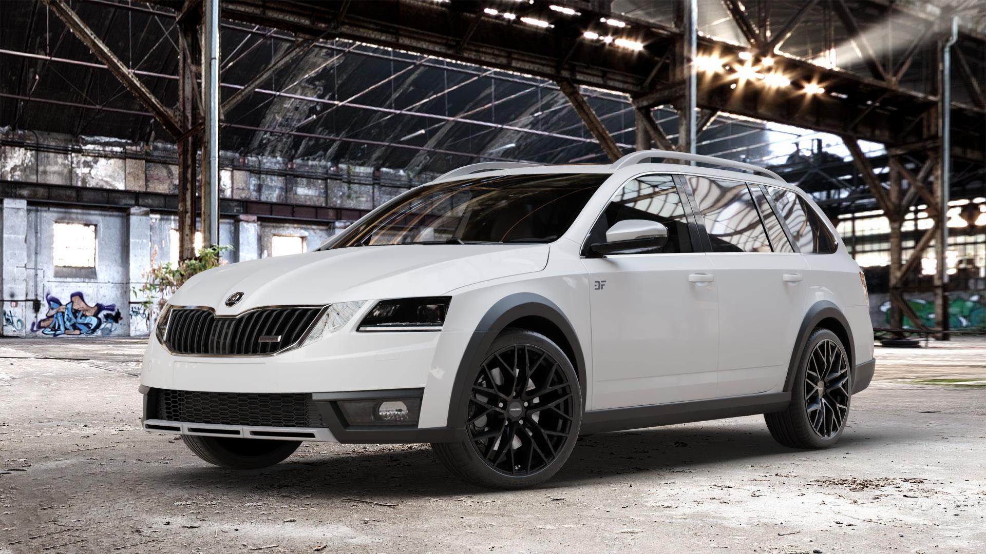 CARMANI 20 Ludwig black matt Felge mit Reifen schwarz in 18Zoll Winterfelge Alufelge auf weissem Skoda Octavia III Scout Typ 5E Facelift ⬇️ mit 15mm Tieferlegung ⬇️ Old Industrial Hall_max_4400mm_2024 Frontansicht_1