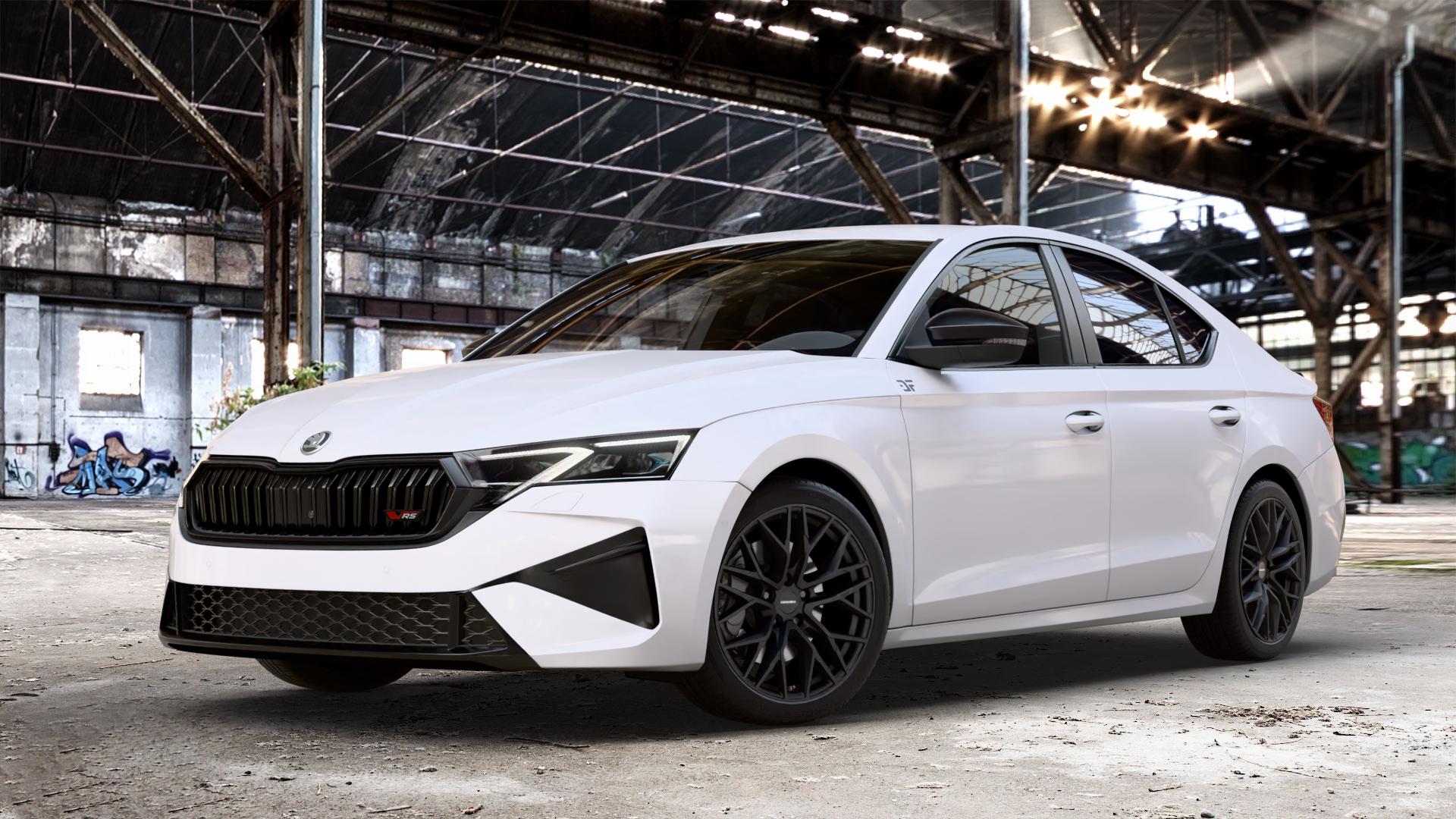 CARMANI 20 Ludwig black matt Felge mit Reifen schwarz in 18Zoll Winterfelge Alufelge auf weissem Skoda Octavia IV Limousine Typ NX Facelift 2,0l TSI 195kW RS (265 PS) ⬇️ mit 15mm Tieferlegung ⬇️ Old Industrial Hall_max_4400mm_2024 Frontansicht_1