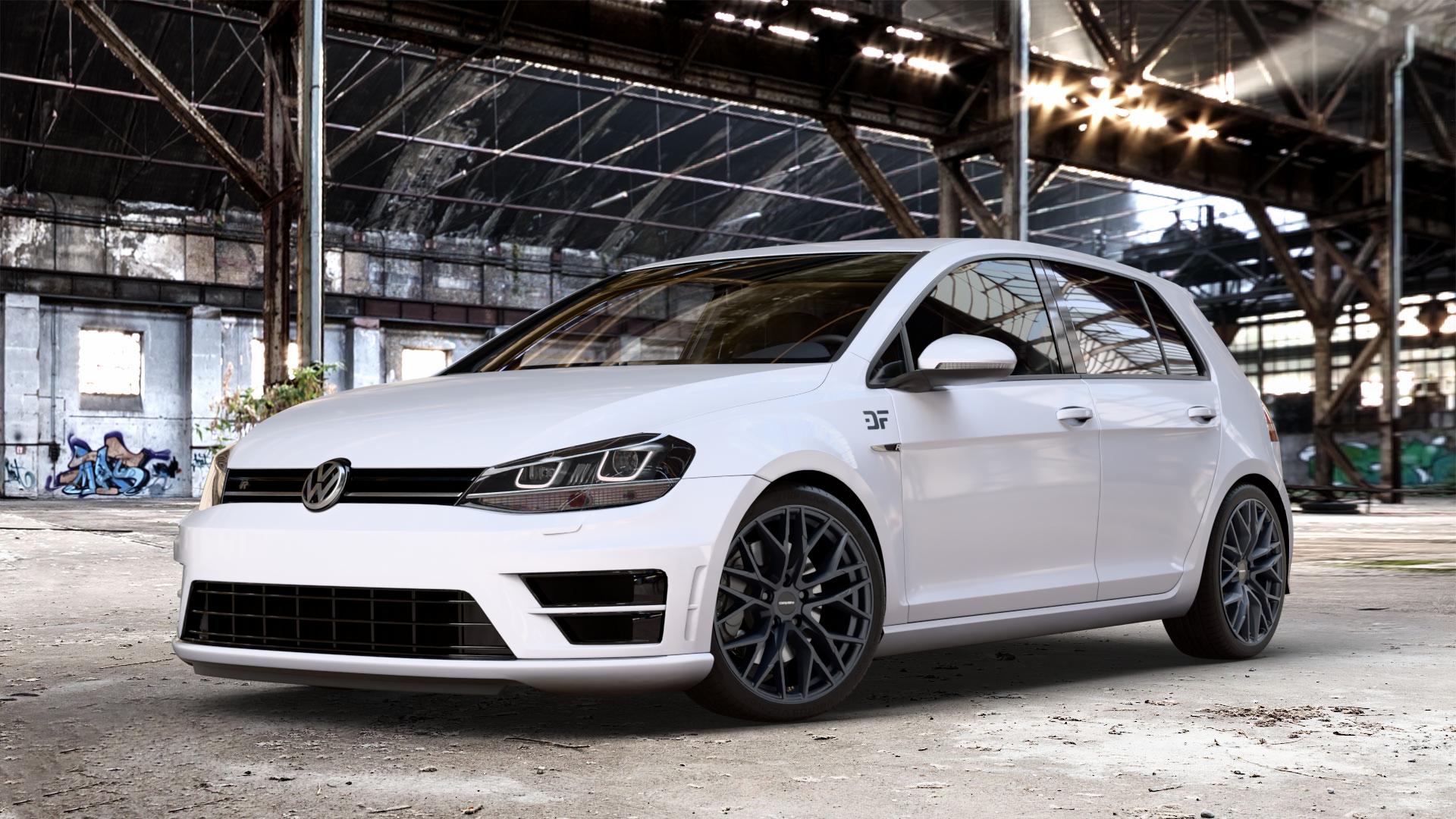 CARMANI 20 Ludwig black matt Felge mit Reifen schwarz in 18Zoll Winterfelge Alufelge auf weissem Volkswagen (VW) Golf 7 2,0l R 4motion 221kW (300 PS) ⬇️ mit 15mm Tieferlegung ⬇️ Old Industrial Hall_max_4400mm_2024 Frontansicht_1