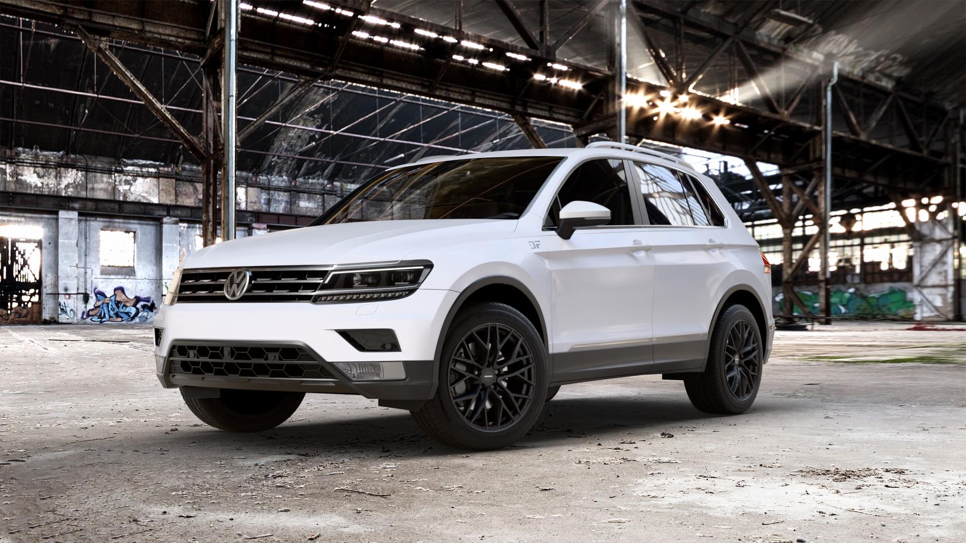CARMANI 20 Ludwig black matt Felge mit Reifen schwarz in 18Zoll Winterfelge Alufelge auf weissem Volkswagen (VW) Tiguan II Typ 5N 2,0l TSI 4Motion 132kW (179 PS) TDI 110kW (150 1,4l 92kW (125 85kW (116 1,5l 96kW (131 1,6l ⬇️ mit 15mm Tieferlegung ⬇️ Old Industrial Hall_max_5300mm_2024 Frontansicht_1