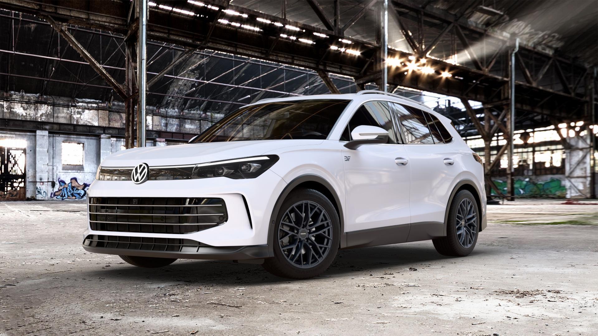 CARMANI 20 Ludwig black matt Felge mit Reifen schwarz in 18Zoll Winterfelge Alufelge auf weissem Volkswagen (VW) Tiguan III Typ CT ⬇️ mit 15mm Tieferlegung ⬇️ Old Industrial Hall_max_5300mm_2024 Frontansicht_1