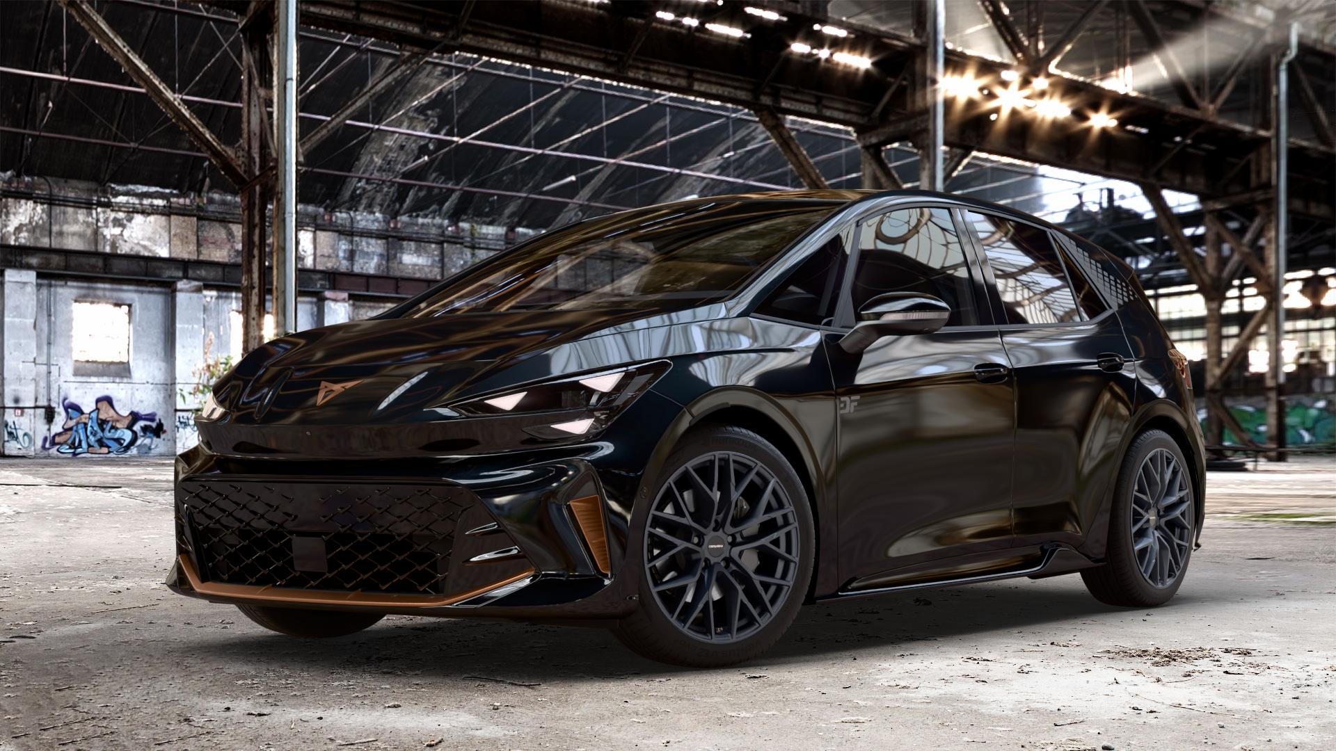 CARMANI 20 Ludwig black matt Felge mit Reifen schwarz in 19Zoll Winterfelge Alufelge auf metallic schwarzem Cupra Born Facelift Typ K1 ⬇️ mit 15mm Tieferlegung ⬇️ Old Industrial Hall_max_4400mm_2024 Frontansicht_1