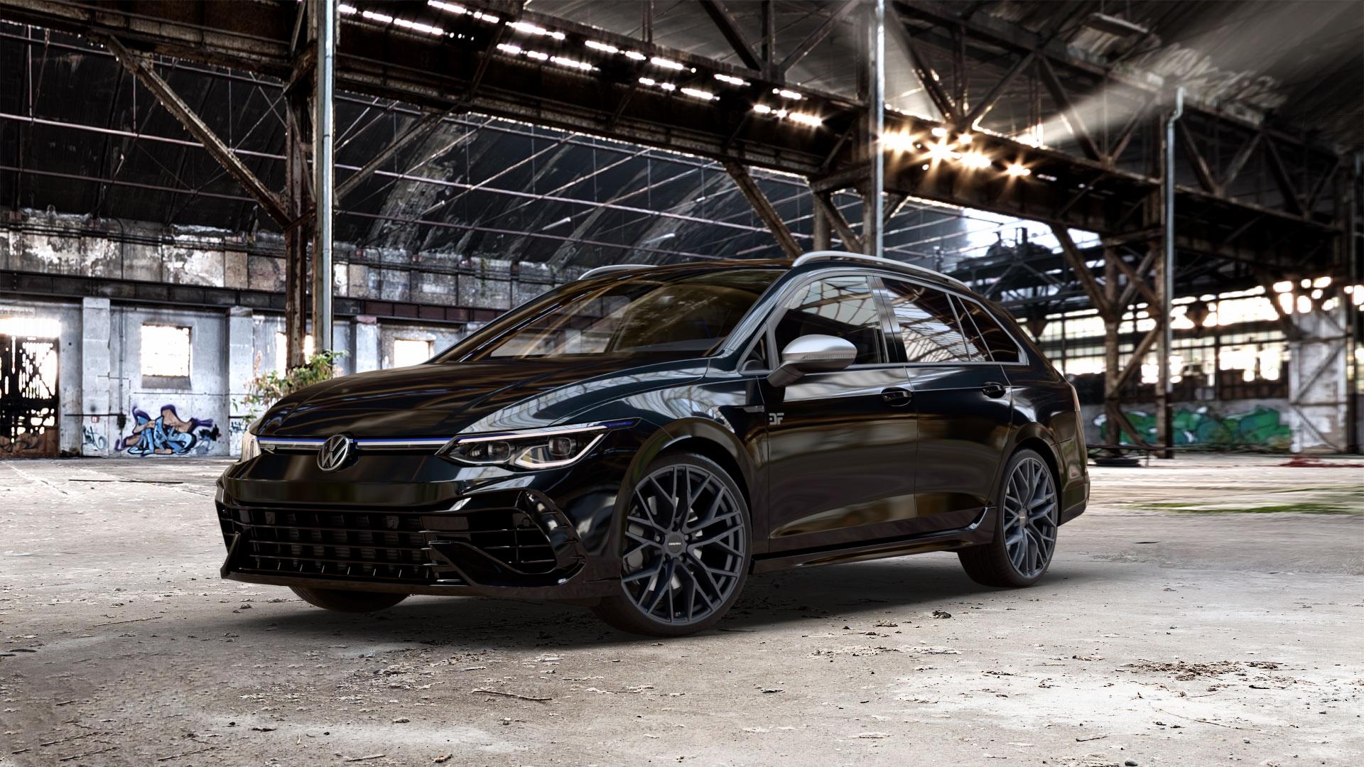 CARMANI 20 Ludwig black matt Felge mit Reifen schwarz in 19Zoll Winterfelge Alufelge auf metallic schwarzem Volkswagen (VW) Golf 8 Variant 2,0l R 4Motion 235kW (320 PS) ⬇️ mit 15mm Tieferlegung ⬇️ Old Industrial Hall_max_5300mm_2024 Frontansicht_1