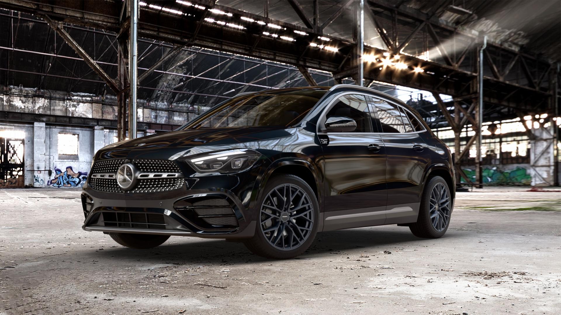 CARMANI 20 Ludwig black matt Felge mit Reifen schwarz in 19Zoll Winterfelge Alufelge auf schwarzem metallic Mercedes GLA-Klasse Typ F2B Facelift ⬇️ mit 15mm Tieferlegung ⬇️ Old Industrial Hall_max_5300mm_2024 Frontansicht_1
