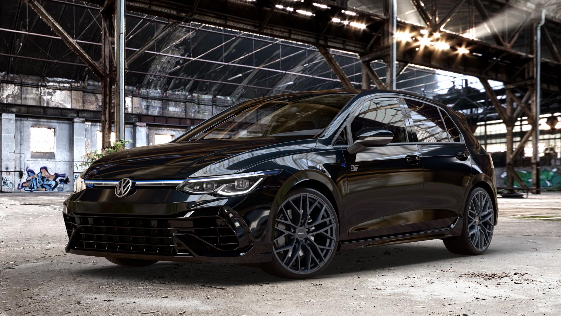 CARMANI 20 Ludwig black matt Felge mit Reifen schwarz in 19Zoll Winterfelge Alufelge auf schwarzem metallic Volkswagen (VW) Golf 8 2,0l R 4Motion 235kW (320 PS) 245kW 20 Years (333 ⬇️ mit 15mm Tieferlegung ⬇️ Old Industrial Hall_max_4400mm_2024 Frontansicht_1