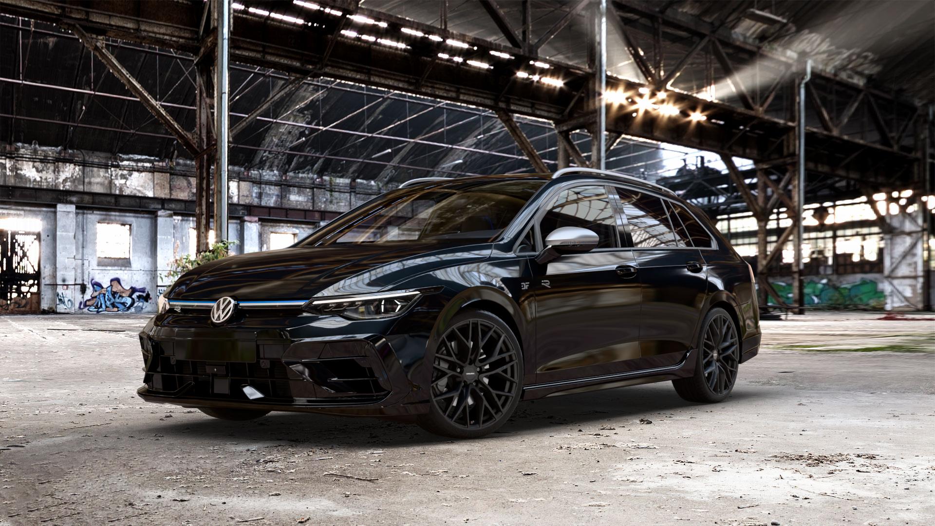 CARMANI 20 Ludwig black matt Felge mit Reifen schwarz in 19Zoll Winterfelge Alufelge auf schwarzem Volkswagen (VW) Golf 8 Variant Facelift 2,0l R 4Motion 245kW (333 PS) ⬇️ mit 15mm Tieferlegung ⬇️ Old Industrial Hall_max_5300mm_2024 Frontansicht_1