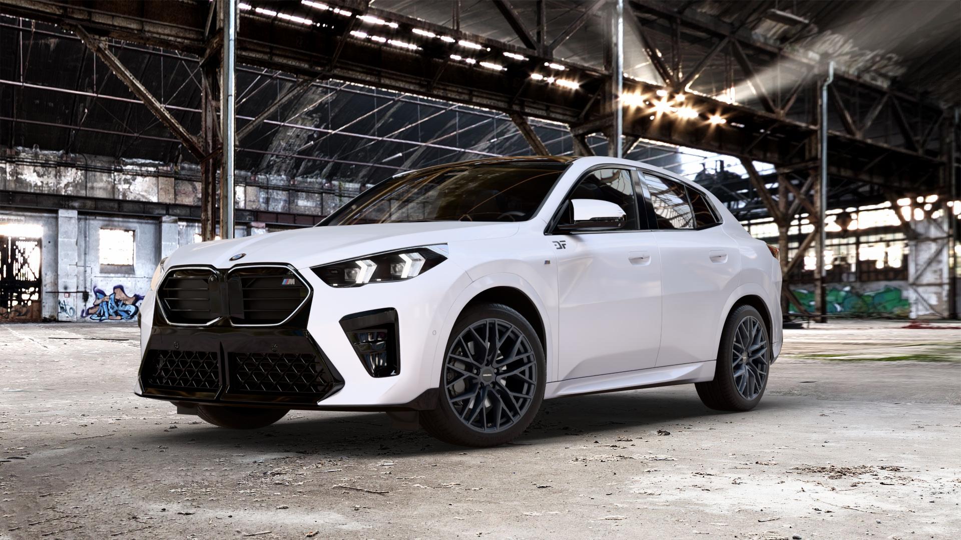 CARMANI 20 Ludwig black matt Felge mit Reifen schwarz in 19Zoll Winterfelge Alufelge auf unilack weißem BMW X2 Typ U10 (U2X) 2,0l M35i xDrive 221kW (300 PS) ⬇️ mit 15mm Tieferlegung ⬇️ Old Industrial Hall_max_5300mm_2024 Frontansicht_1