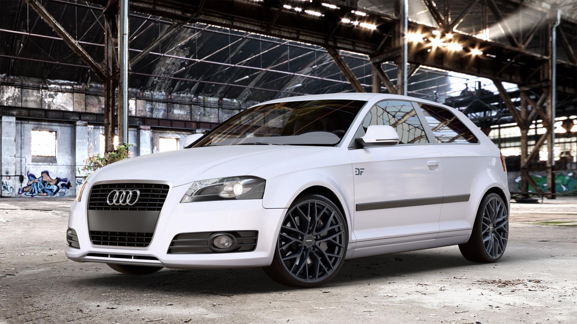 CARMANI 20 Ludwig black matt Felge mit Reifen schwarz in 19Zoll Winterfelge Alufelge auf weißem Audi A3 Typ 8P ⬇️ mit 15mm Tieferlegung ⬇️ Old Industrial Hall_max_4400mm_2024 Frontansicht_1