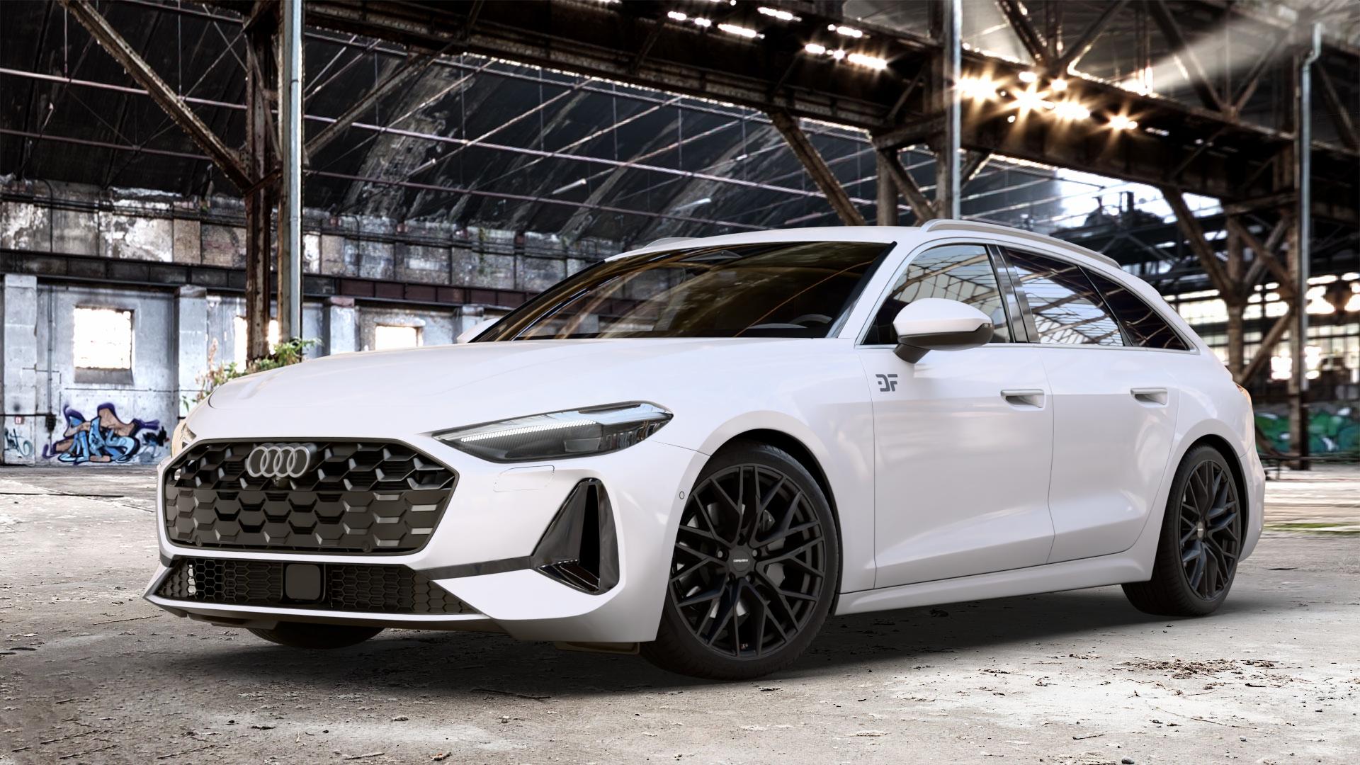 CARMANI 20 Ludwig black matt Felge mit Reifen schwarz in 19Zoll Winterfelge Alufelge auf weissem Audi A5 Typ B10 (Avant) 2,0l TDI 150kW Mild-Hybrid (204 PS) quattro TSI 110kW (150 ⬇️ mit 15mm Tieferlegung ⬇️ Old Industrial Hall_max_4400mm_2024 Frontansicht_1