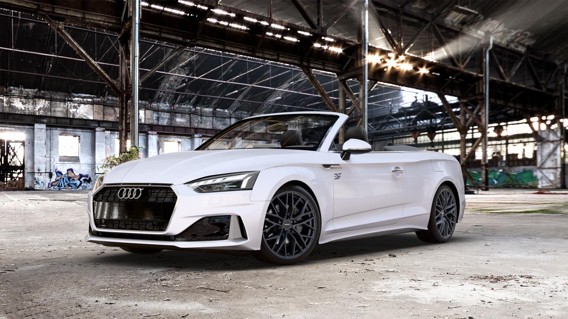 CARMANI 20 Ludwig black matt Felge mit Reifen schwarz in 19Zoll Winterfelge Alufelge auf weißem Audi A5 Typ B9 (Cabriolet) Facelift ⬇️ mit 15mm Tieferlegung ⬇️ Old Industrial Hall_max_5300mm_2024 Frontansicht_1