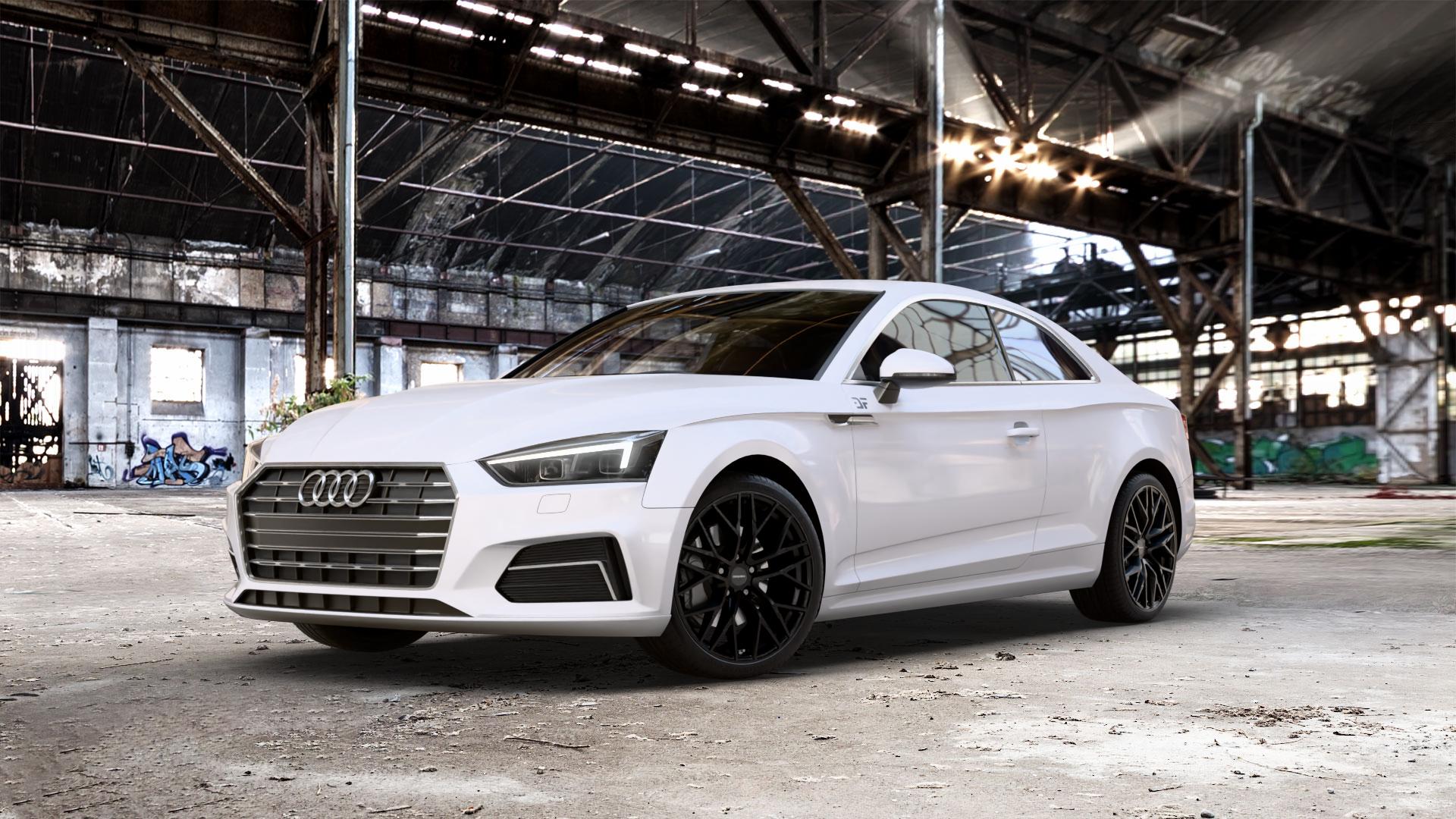 CARMANI 20 Ludwig black matt Felge mit Reifen schwarz in 19Zoll Winterfelge Alufelge auf weissem Audi A5 Typ B9 (Coupé) ⬇️ mit 15mm Tieferlegung ⬇️ Old Industrial Hall_max_5300mm_2024 Frontansicht_1
