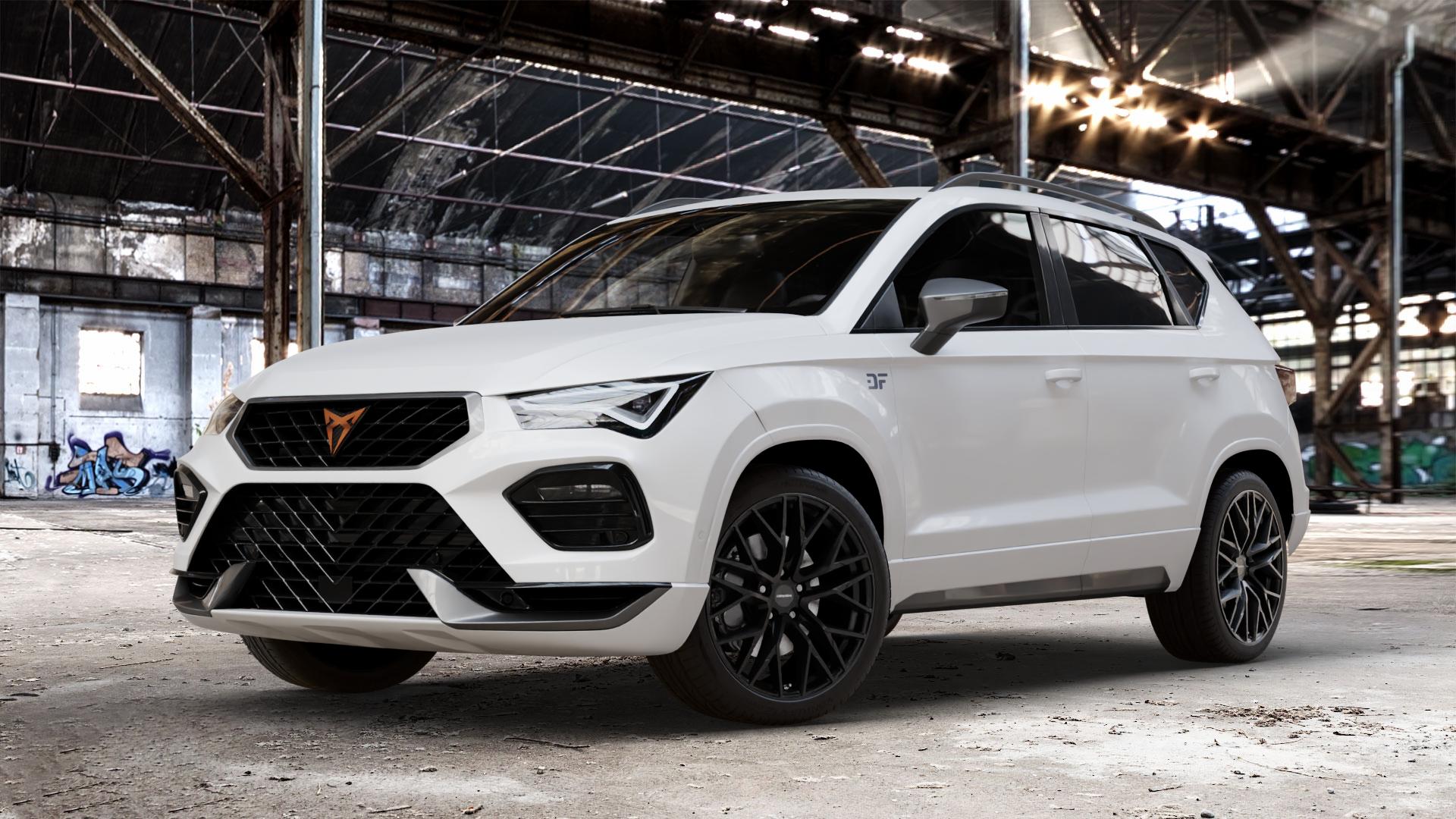 CARMANI 20 Ludwig black matt Felge mit Reifen schwarz in 19Zoll Winterfelge Alufelge auf weissem Cupra Ateca Typ 5FP Facelift ⬇️ mit 15mm Tieferlegung ⬇️ Old Industrial Hall_max_4400mm_2024 Frontansicht_1