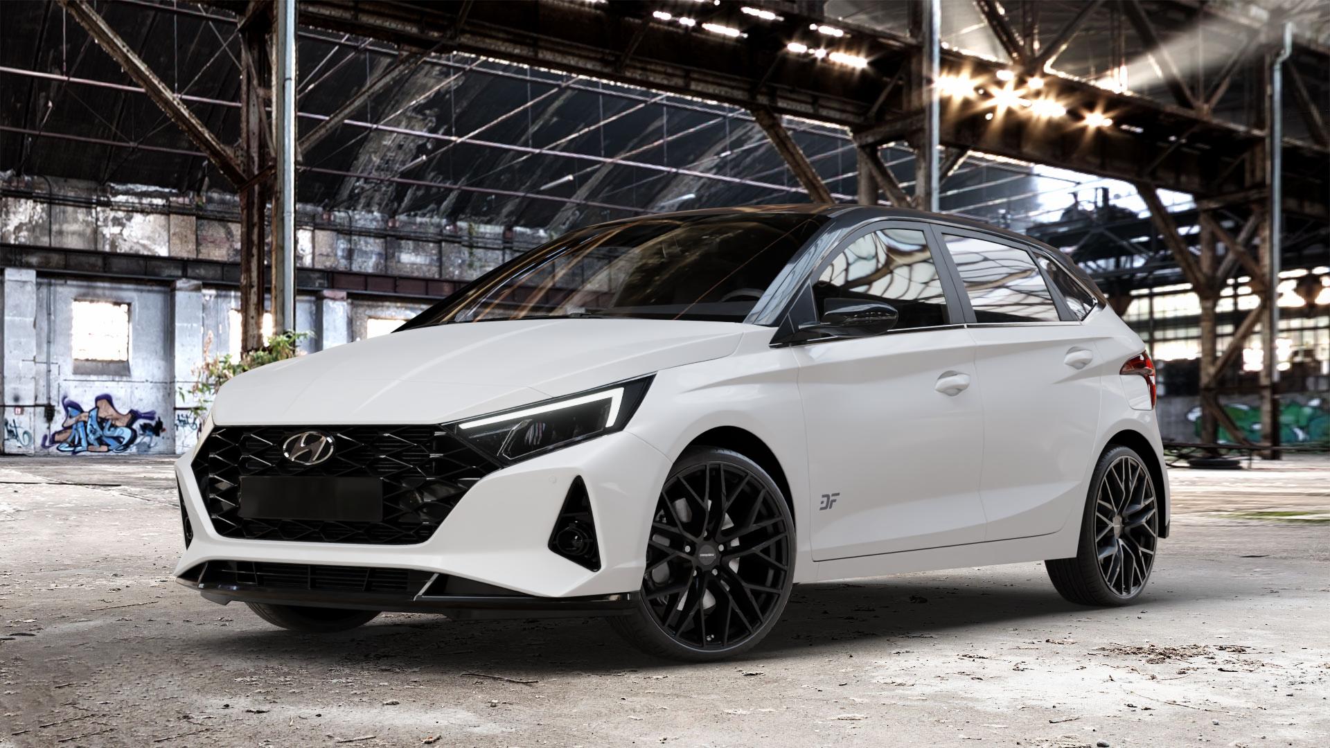 CARMANI 20 Ludwig black matt Felge mit Reifen schwarz in 19Zoll Winterfelge Alufelge auf weissem Hyundai i20 Typ BC3 ⬇️ mit 15mm Tieferlegung ⬇️ Old Industrial Hall_max_4400mm_2024 Frontansicht_1