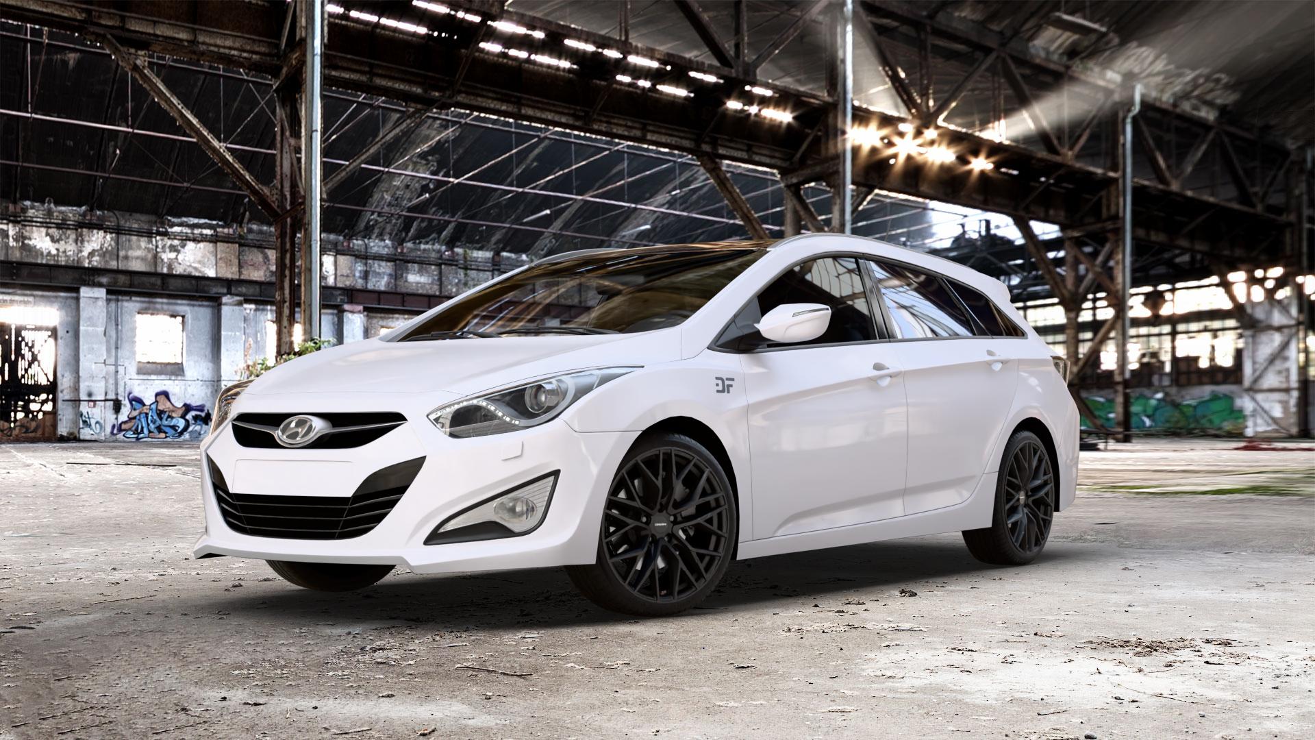 CARMANI 20 Ludwig black matt Felge mit Reifen schwarz in 19Zoll Winterfelge Alufelge auf weissem Hyundai i40 Typ VF Limousine Kombi Facelift ⬇️ mit 15mm Tieferlegung ⬇️ Old Industrial Hall_max_5300mm_2024 Frontansicht_1