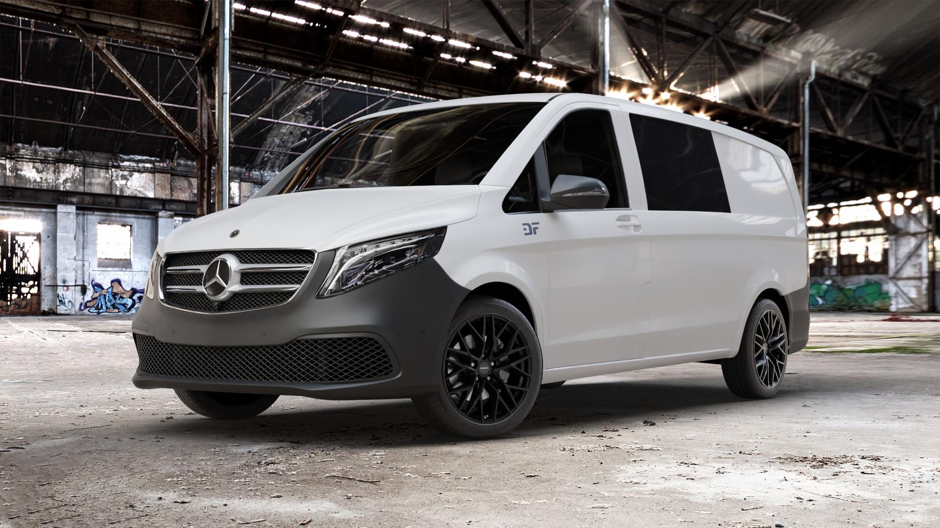 CARMANI 20 Ludwig black matt Felge mit Reifen schwarz in 19Zoll Winterfelge Alufelge auf weissem Mercedes Vito Mixto Typ W447 Facelift ⬇️ mit 15mm Tieferlegung ⬇️ Old Industrial Hall_max_5300mm_2024 Frontansicht_1