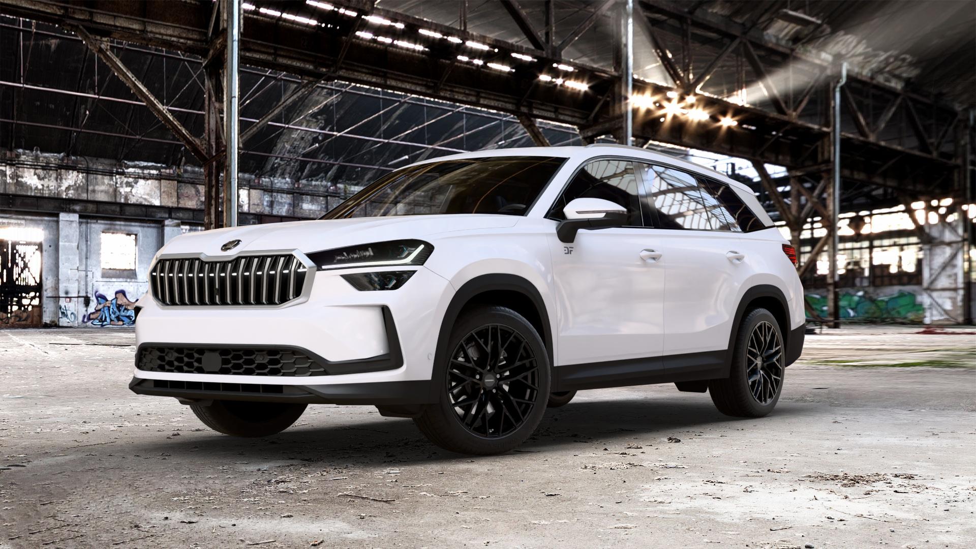 CARMANI 20 Ludwig black matt Felge mit Reifen schwarz in 19Zoll Winterfelge Alufelge auf weissem Skoda Kodiaq Typ PS 1,5l TSI 110kW Hybrid (150 PS) 2,0l TDI 4x4 142kW (193 Mild-Hybrid 150kW (204 ⬇️ mit 15mm Tieferlegung ⬇️ Old Industrial Hall_max_5300mm_2024 Frontansicht_1
