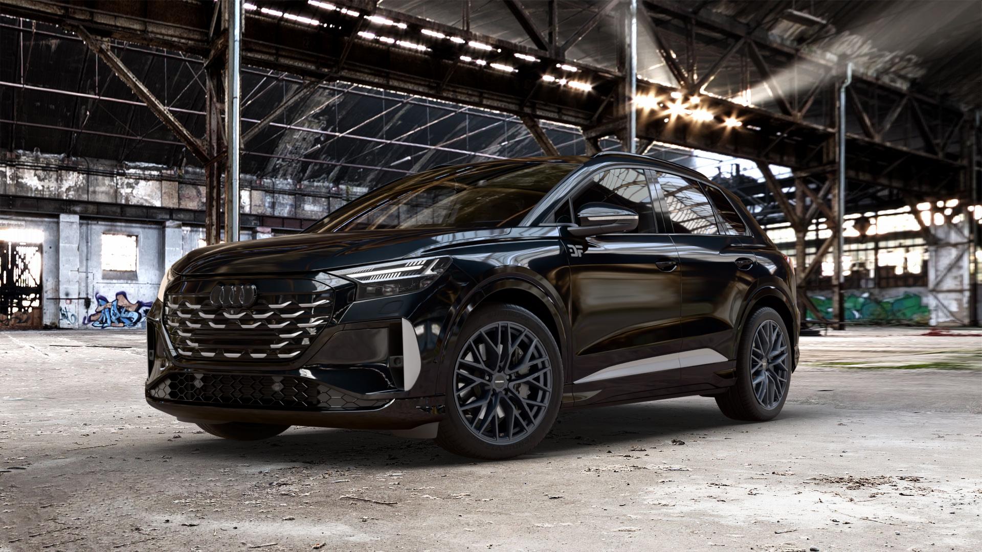 CARMANI 20 Ludwig black matt Felge mit Reifen schwarz in 20Zoll Winterfelge Alufelge auf metallic schwarzem Audi Q4 e-tron Facelift Typ FZ ⬇️ mit 15mm Tieferlegung ⬇️ Old Industrial Hall_max_5300mm_2024 Frontansicht_1