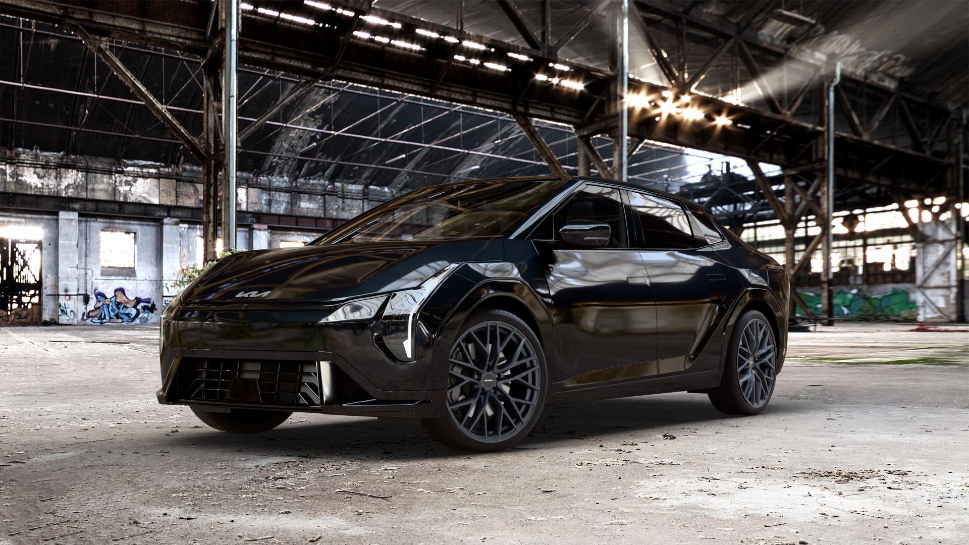 CARMANI 20 Ludwig black matt Felge mit Reifen schwarz in 20Zoll Winterfelge Alufelge auf schwarzem Kia EV4 Fastback Typ CT1 0,0l 50kW (68 PS) ⬇️ mit 15mm Tieferlegung ⬇️ Old Industrial Hall_max_5300mm_2024 Frontansicht_1