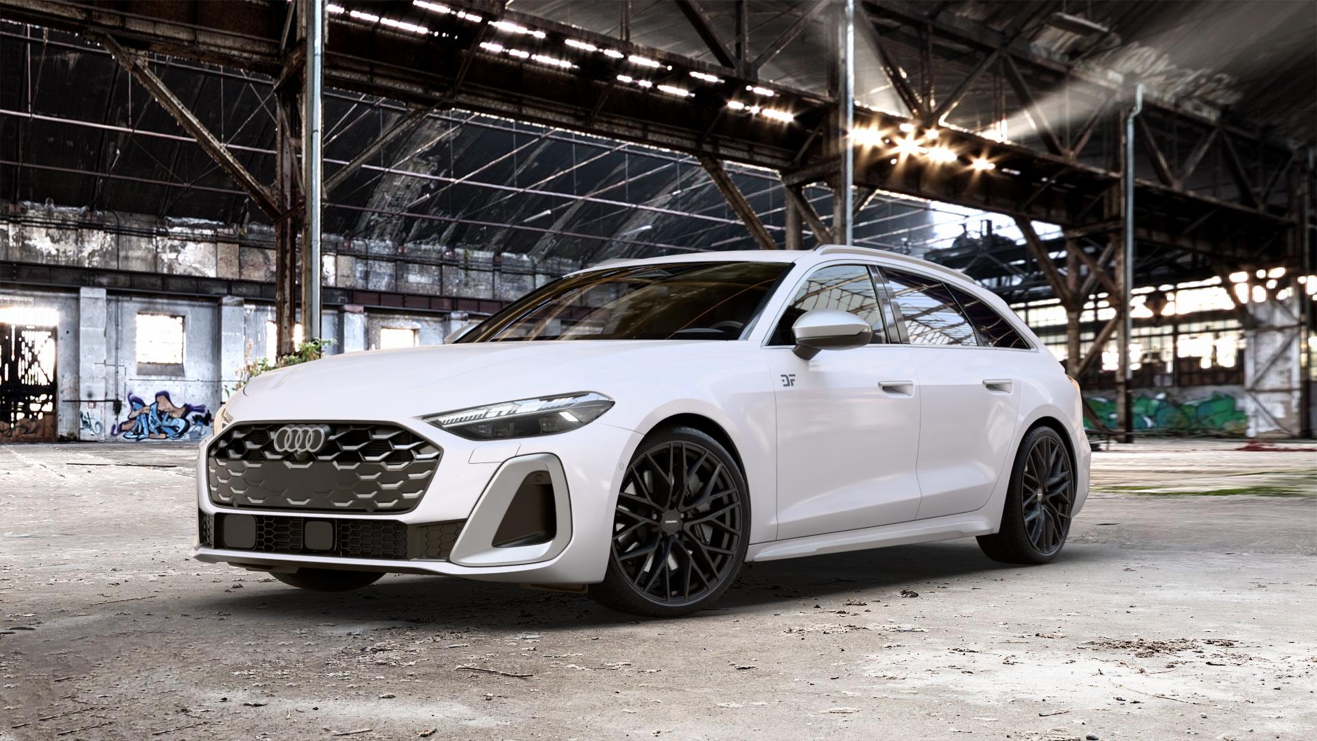 CARMANI 20 Ludwig black matt Felge mit Reifen schwarz in 20Zoll Winterfelge Alufelge auf weissem Audi A5 Typ B10 (Avant) 3,0l S5 270kW Mild-Hybrid (367 PS) ⬇️ mit 15mm Tieferlegung ⬇️ Old Industrial Hall_max_5300mm_2024 Frontansicht_1