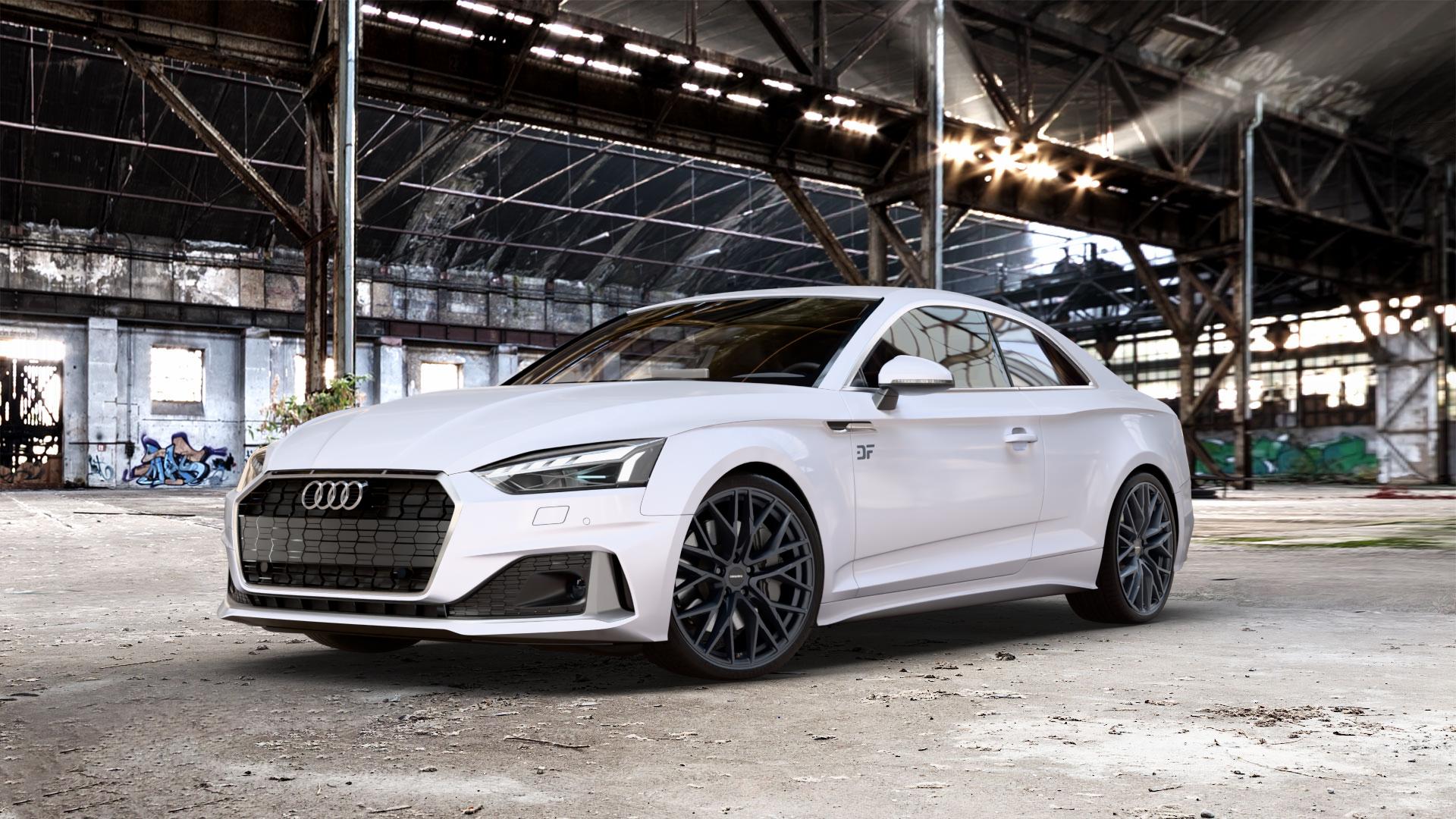 CARMANI 20 Ludwig black matt Felge mit Reifen schwarz in 20Zoll Winterfelge Alufelge auf weißem Audi A5 Typ B9 (Coupé) Facelift ⬇️ mit 15mm Tieferlegung ⬇️ Old Industrial Hall_max_5300mm_2024 Frontansicht_1