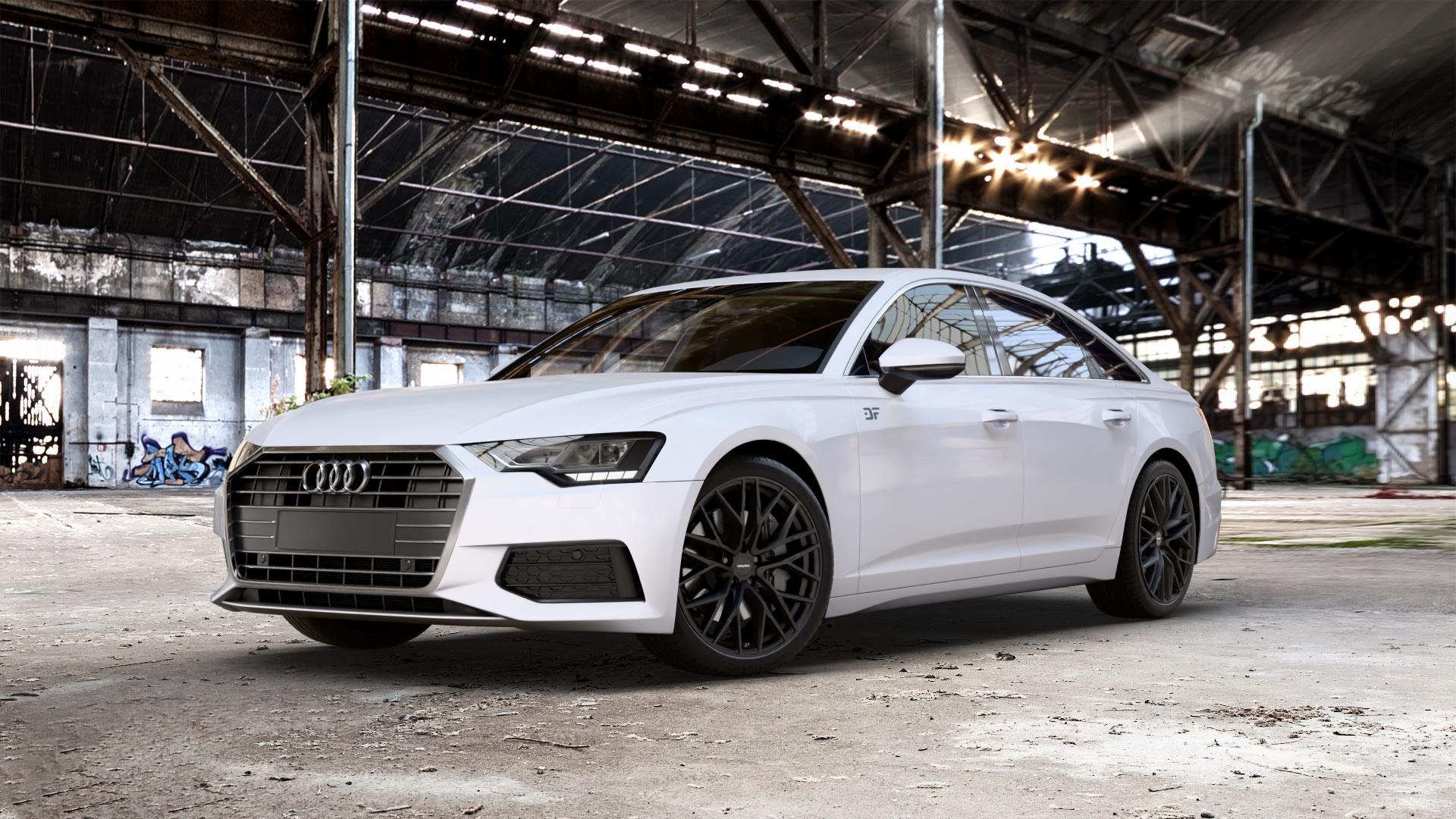 CARMANI 20 Ludwig black matt Felge mit Reifen schwarz in 20Zoll Winterfelge Alufelge auf weissem Audi A6 Typ F2/C8 (Limousine) ⬇️ mit 15mm Tieferlegung ⬇️ Old Industrial Hall_max_5300mm_2024 Frontansicht_1