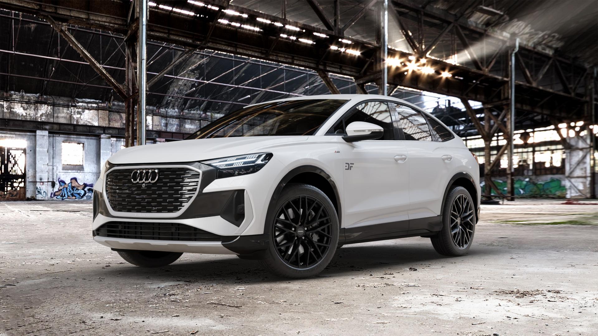CARMANI 20 Ludwig black matt Felge mit Reifen schwarz in 20Zoll Winterfelge Alufelge auf weissem Audi Q4 Sportback Typ FZ ⬇️ mit 15mm Tieferlegung ⬇️ Old Industrial Hall_max_5300mm_2024 Frontansicht_1