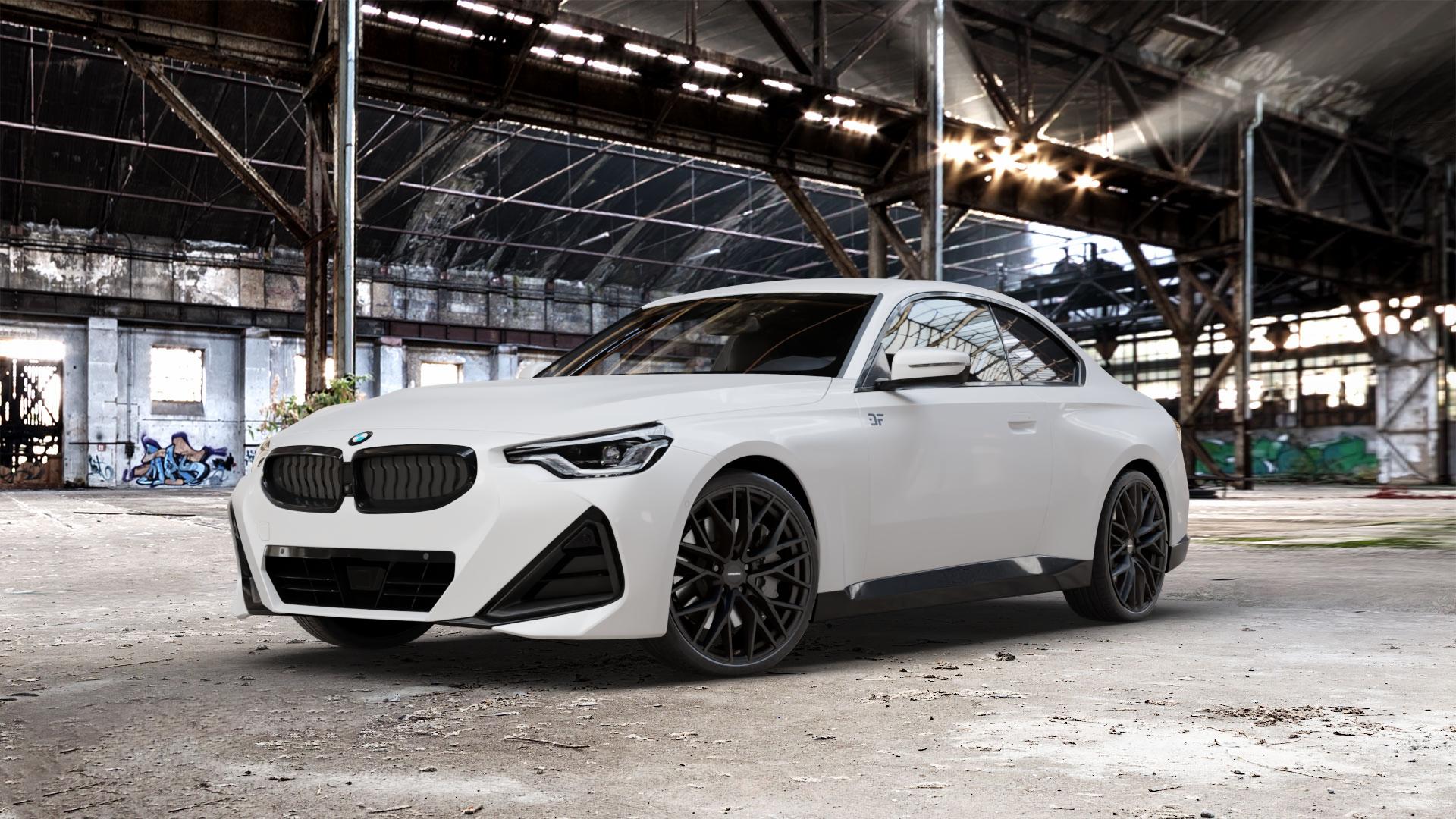 CARMANI 20 Ludwig black matt Felge mit Reifen schwarz in 20Zoll Winterfelge Alufelge auf weissem BMW 2er G42 Coupé (G2C) ⬇️ mit 15mm Tieferlegung ⬇️ Old Industrial Hall_max_5300mm_2024 Frontansicht_1