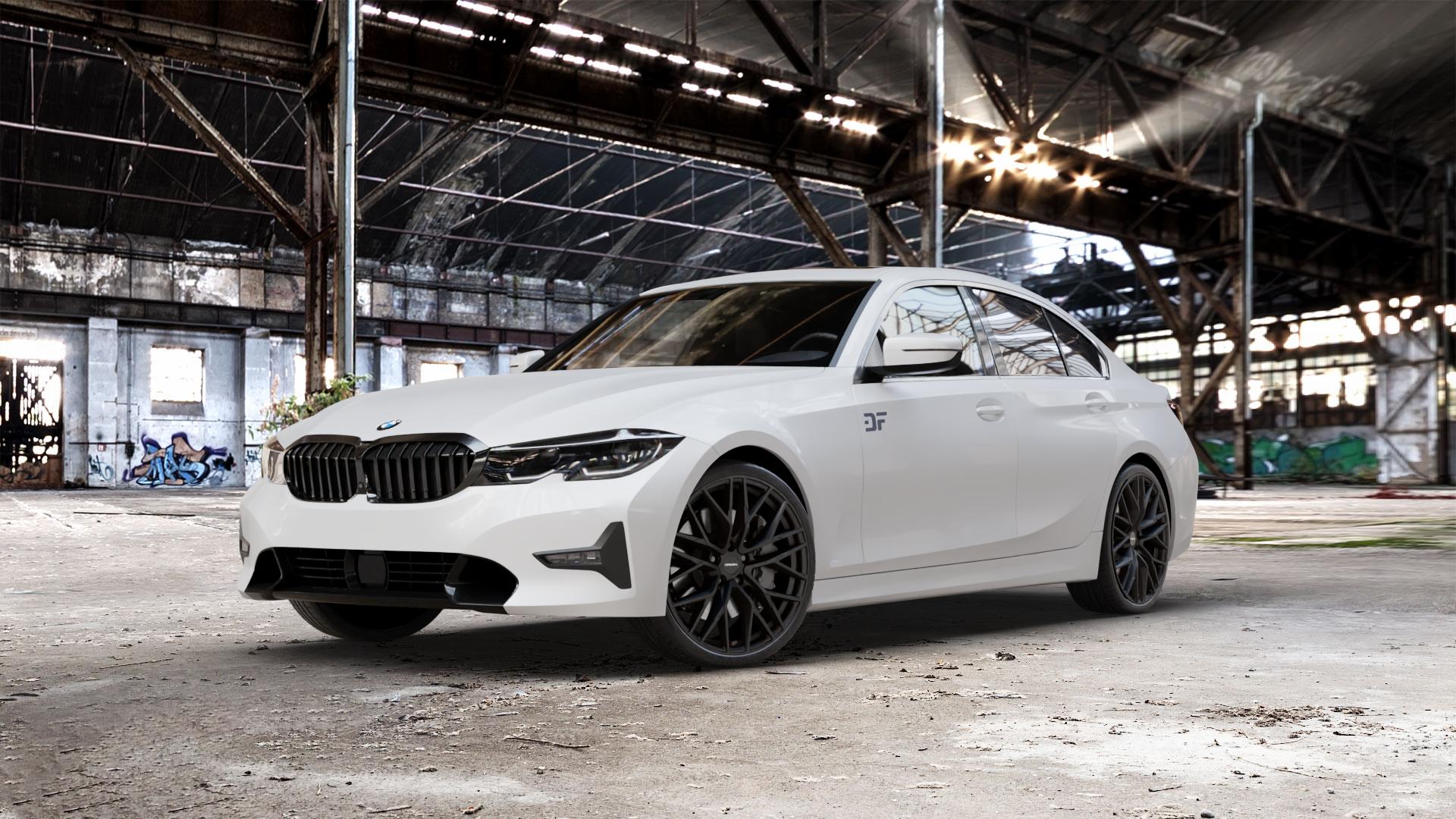 CARMANI 20 Ludwig black matt Felge mit Reifen schwarz in 20Zoll Winterfelge Alufelge auf weissem BMW 3er G20 Limousine (G3L) ⬇️ mit 15mm Tieferlegung ⬇️ Old Industrial Hall_max_5300mm_2024 Frontansicht_1
