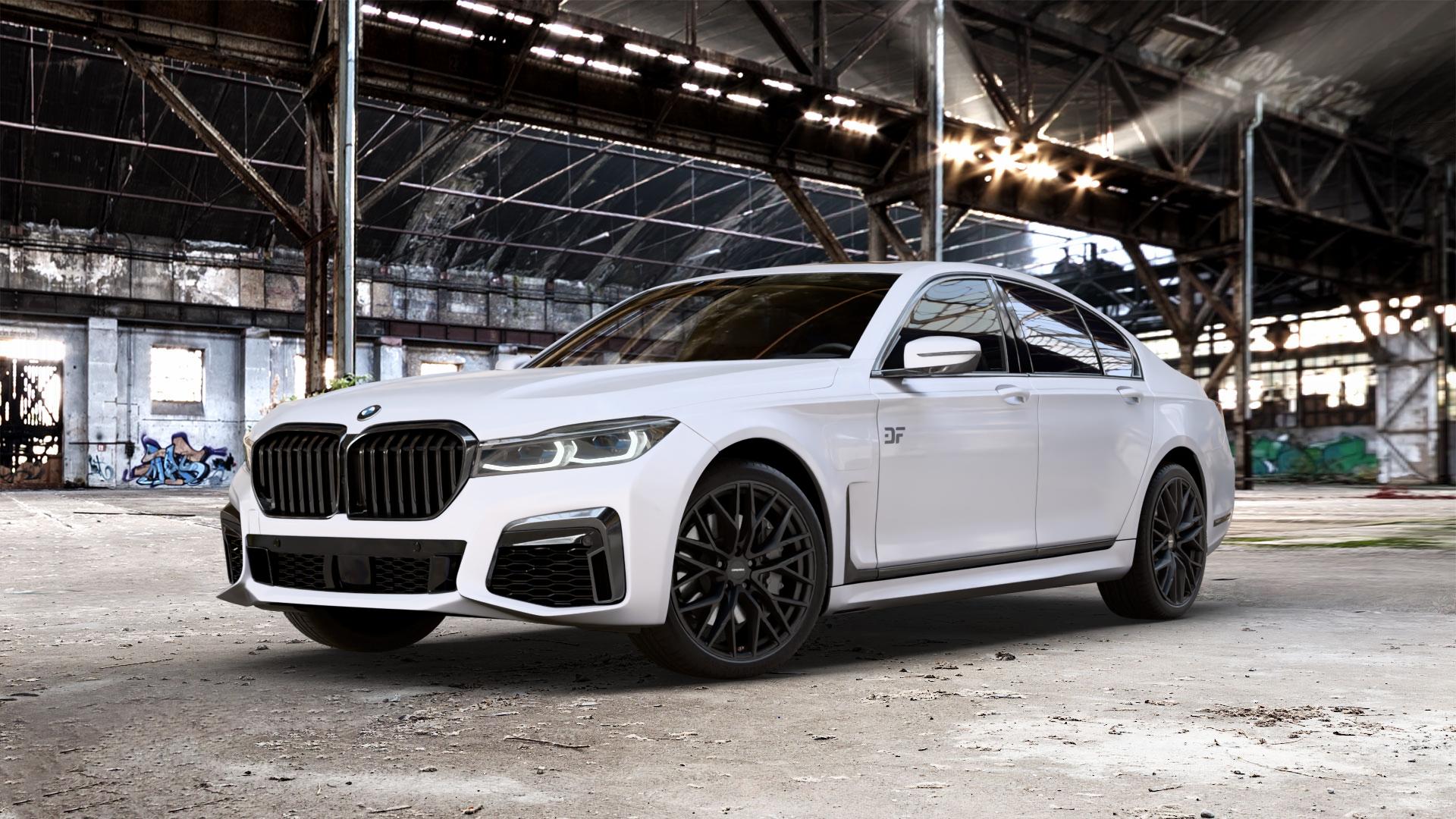 CARMANI 20 Ludwig black matt Felge mit Reifen schwarz in 20Zoll Winterfelge Alufelge auf weissem BMW 730i Typ G11 Facelift 740i 745e 750i xDrive 7er Limousine (7L) ⬇️ mit 15mm Tieferlegung ⬇️ Old Industrial Hall_max_5300mm_2024 Frontansicht_1