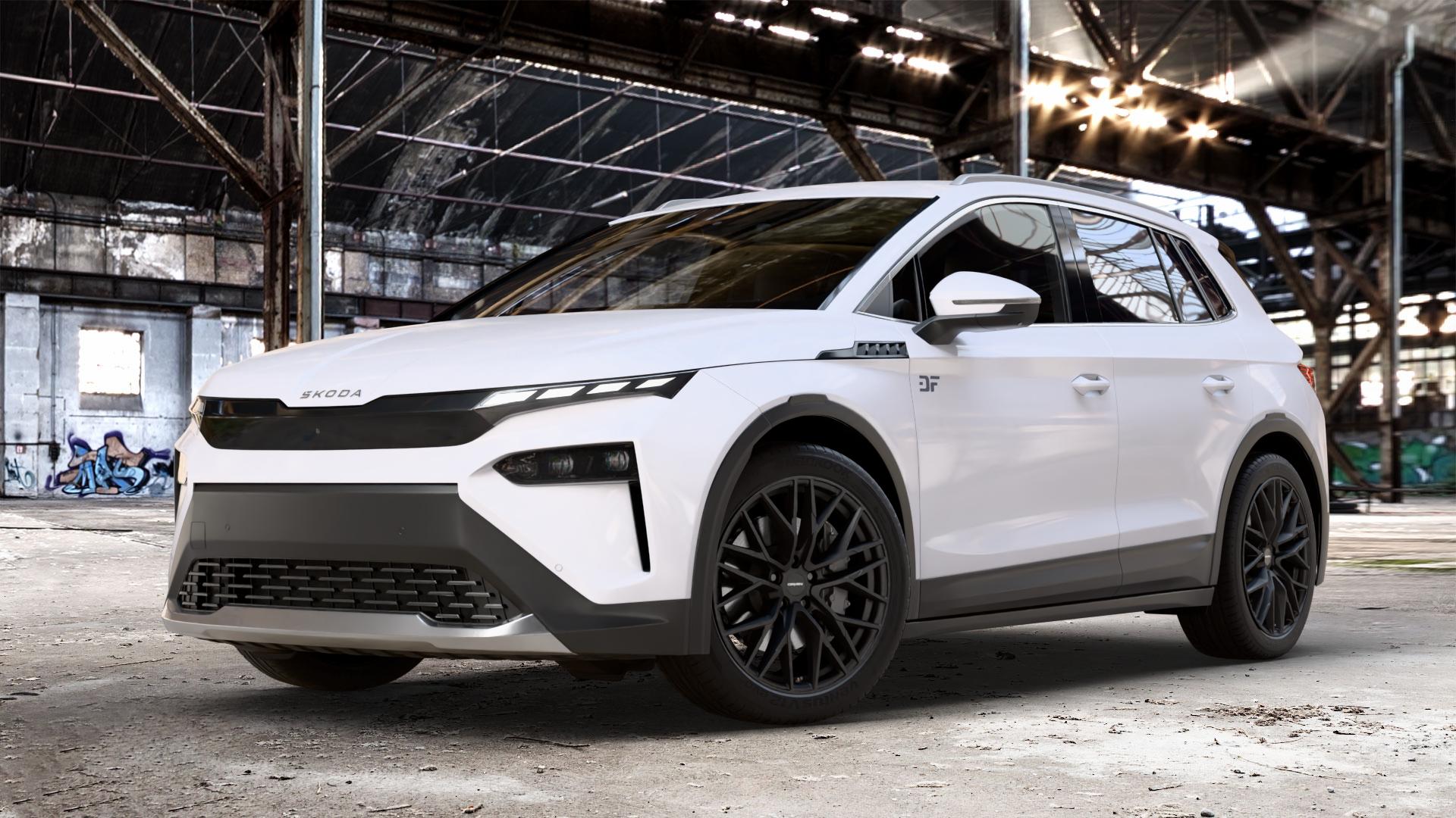 CARMANI 20 Ludwig black matt Felge mit Reifen schwarz in 20Zoll Winterfelge Alufelge auf weissem Skoda Elroq Typ NY 0,0l 89kW 85 (121 PS) 70kW 60 (95 50 ⬇️ mit 15mm Tieferlegung ⬇️ Old Industrial Hall_max_4400mm_2024 Frontansicht_1