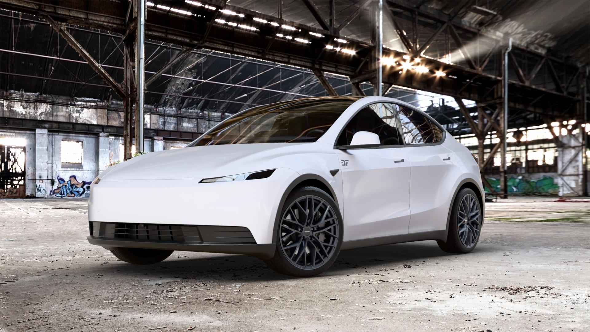 CARMANI 20 Ludwig black matt Felge mit Reifen schwarz in 20Zoll Winterfelge Alufelge auf weissem Tesla Model Y Typ 003 Juniper 0,0l Standard Range 114kW 2WD (155 PS) ⬇️ mit 15mm Tieferlegung ⬇️ Old Industrial Hall_max_5300mm_2024 Frontansicht_1