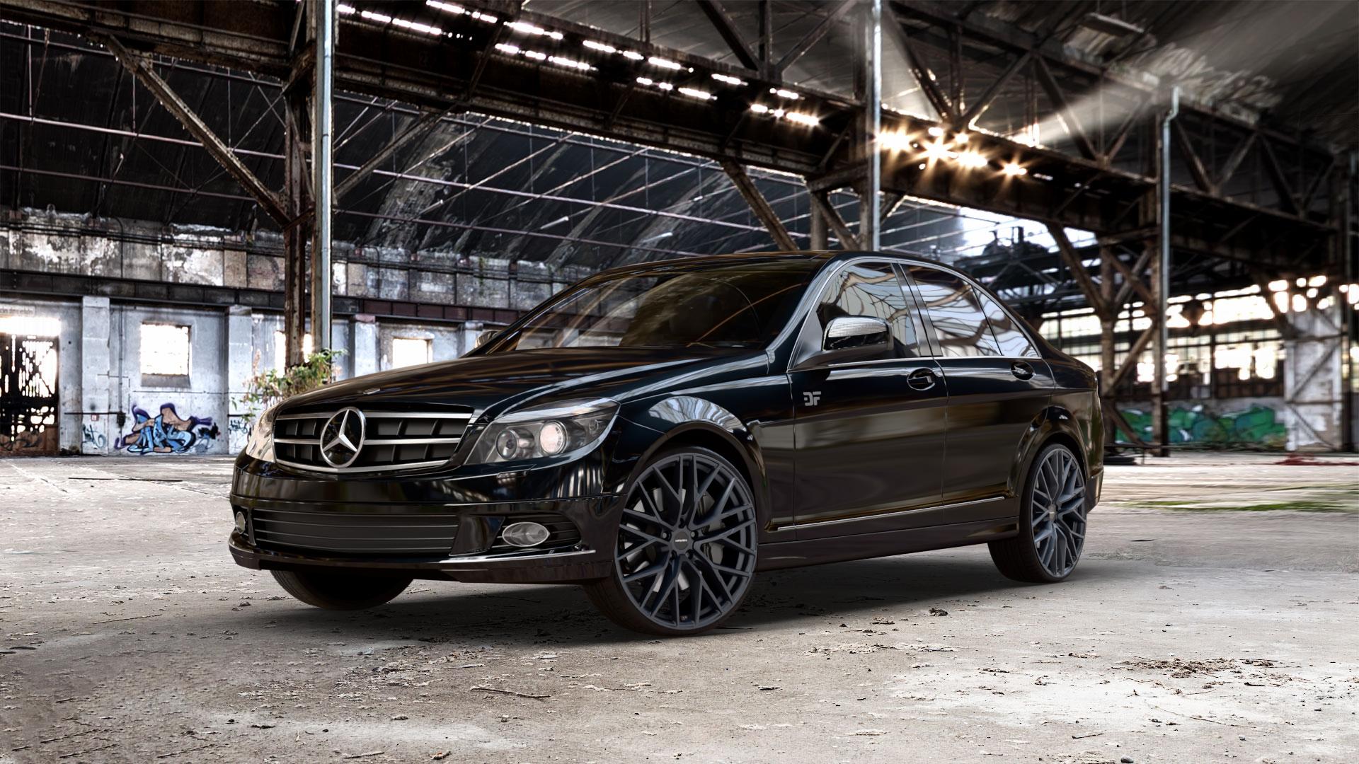 CARMANI 20 Ludwig black matt Felge mit Reifen schwarz in 21Zoll Winterfelge Alufelge auf schwarzem metallic Mercedes C-Klasse Typ W204 Limousine ⬇️ mit 15mm Tieferlegung ⬇️ Old Industrial Hall_max_5300mm_2024 Frontansicht_1