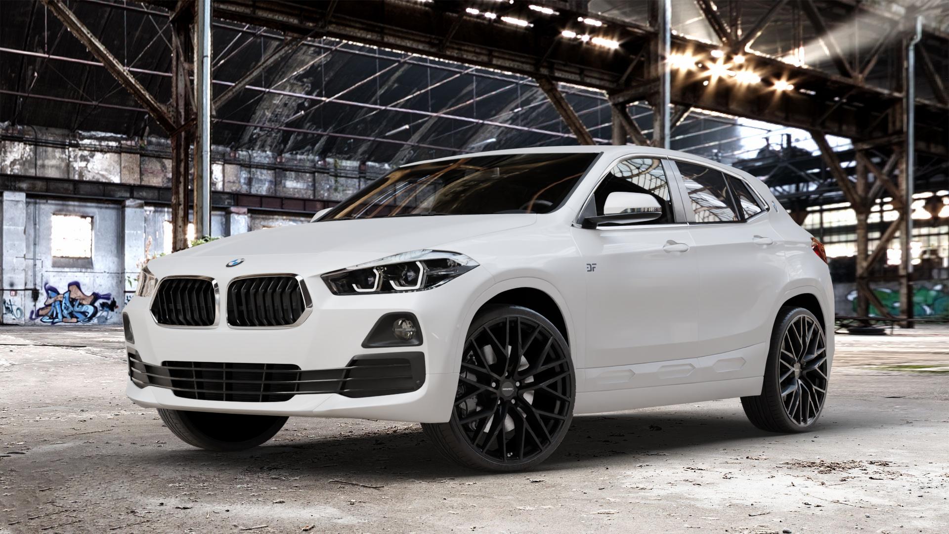 CARMANI 20 Ludwig black matt Felge mit Reifen schwarz in 21Zoll Winterfelge Alufelge auf weissem BMW X2 Typ F39 (F2X) ⬇️ mit 15mm Tieferlegung ⬇️ Old Industrial Hall_max_4400mm_2024 Frontansicht_1