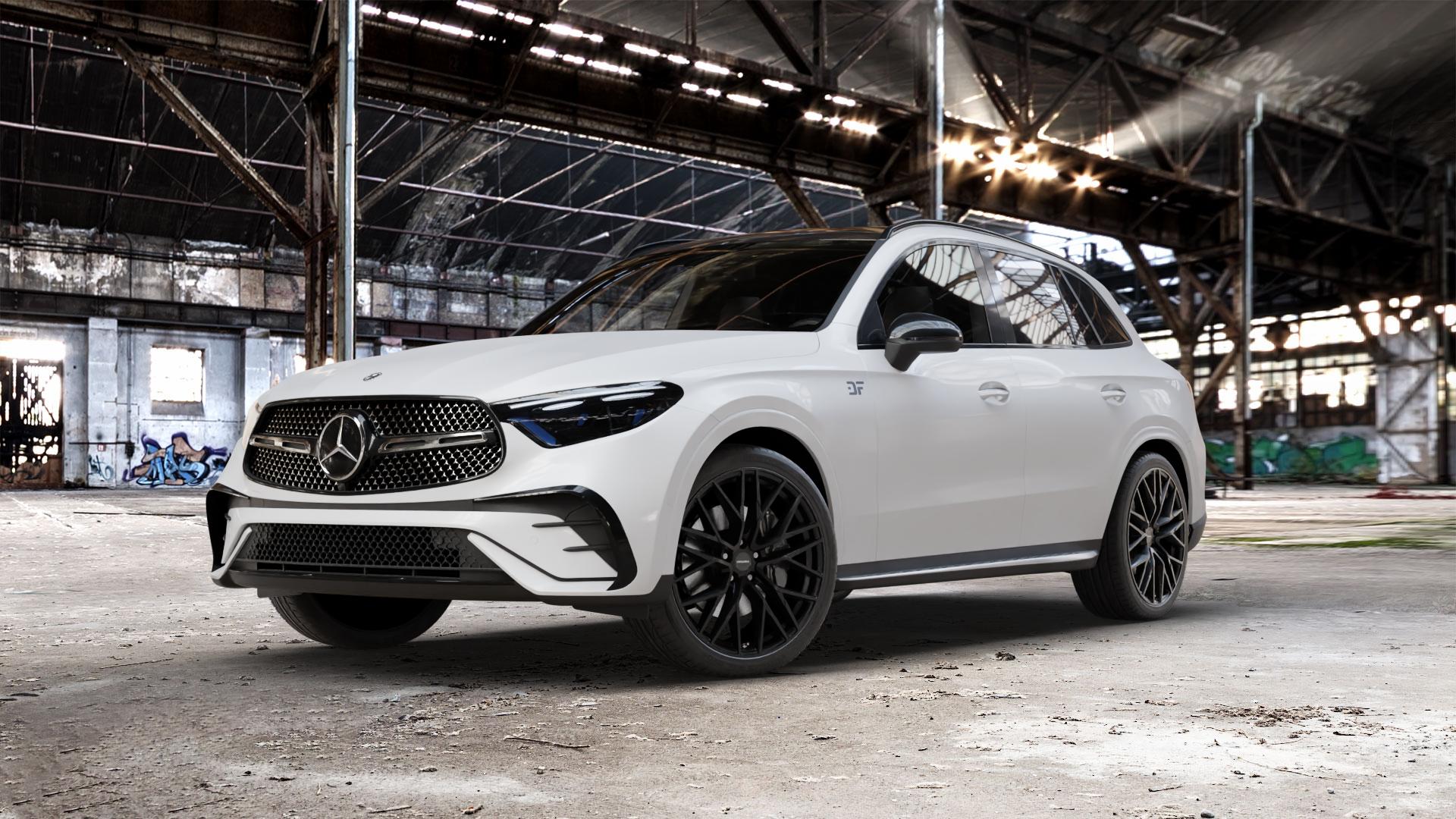 CARMANI 20 Ludwig black matt Felge mit Reifen schwarz in 21Zoll Winterfelge Alufelge auf weissem Mercedes GLC-Klasse Typ X254 ⬇️ mit 15mm Tieferlegung ⬇️ Old Industrial Hall_max_5300mm_2024 Frontansicht_1