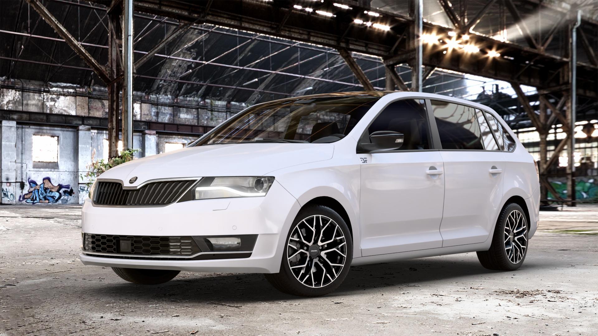 CARMANI 20 Ludwig black polish Felge mit Reifen schwarz in 16Zoll Winterfelge Alufelge auf weissem Skoda Rapid Spaceback Typ NH Facelift ⬇️ mit 15mm Tieferlegung ⬇️ Old Industrial Hall_max_4400mm_2024 Frontansicht_1