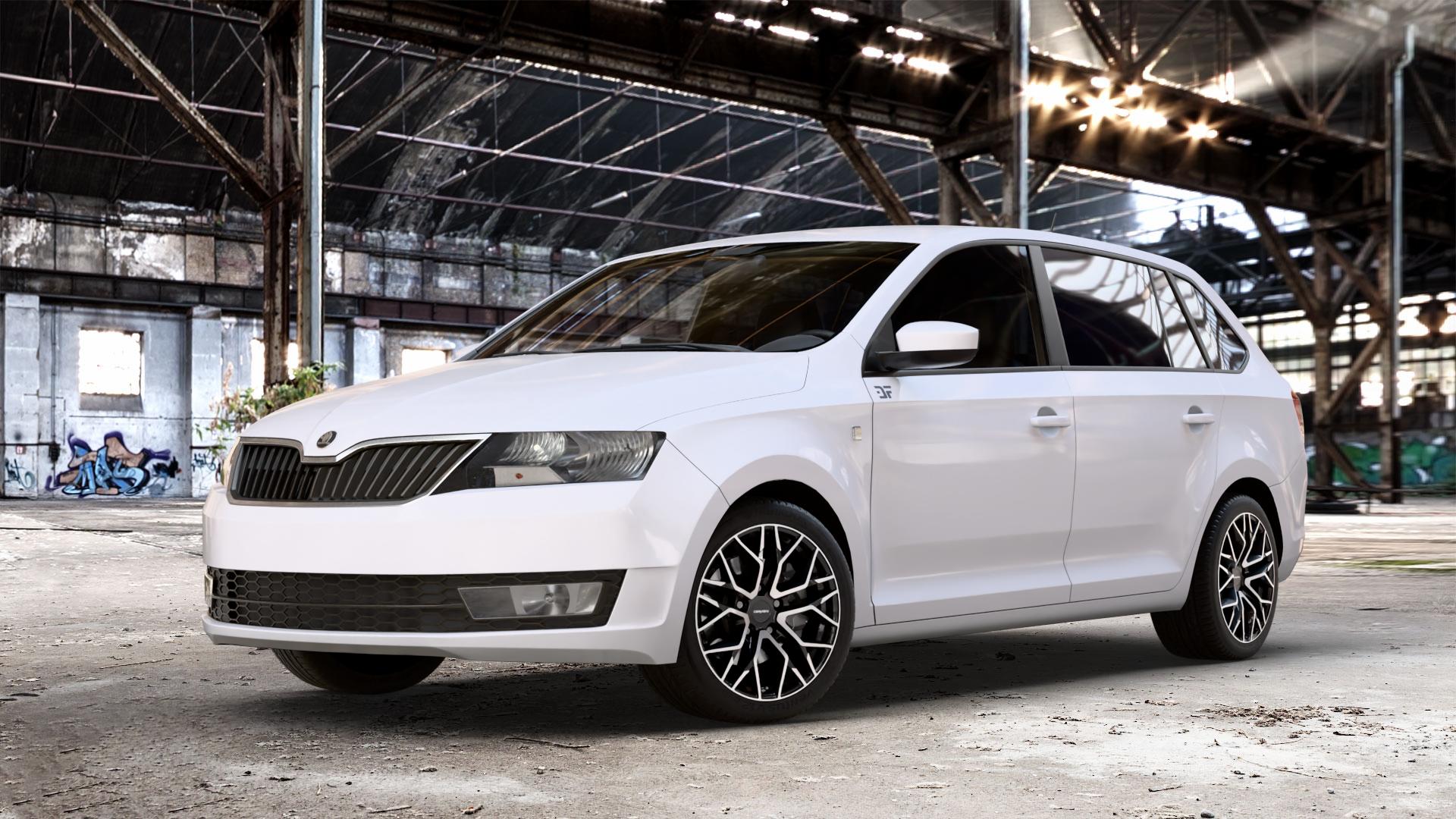 CARMANI 20 Ludwig black polish Felge mit Reifen schwarz in 16Zoll Winterfelge Alufelge auf weissem Skoda Rapid Spaceback Typ NH ⬇️ mit 15mm Tieferlegung ⬇️ Old Industrial Hall_max_4400mm_2024 Frontansicht_1