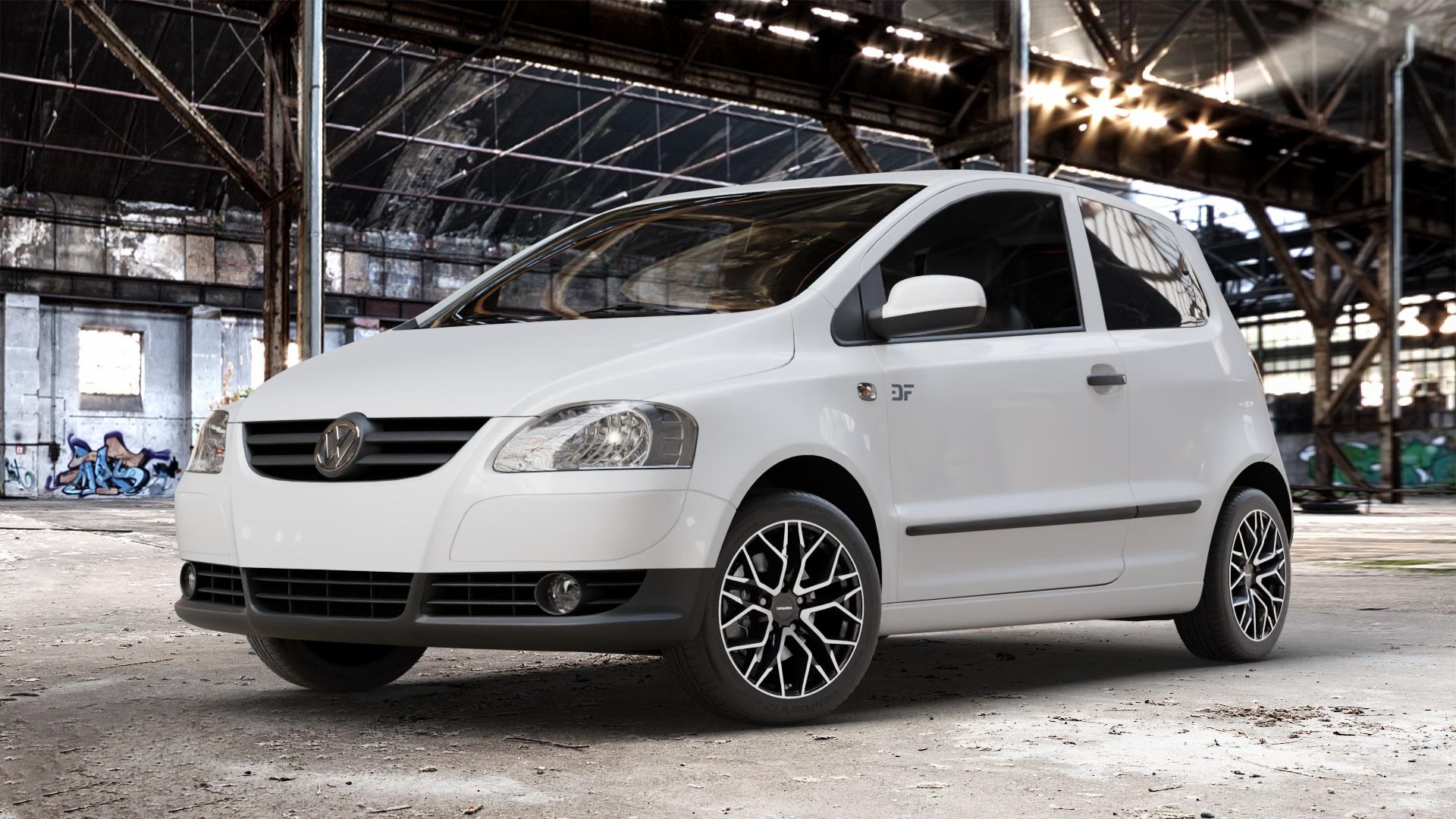 CARMANI 20 Ludwig black polish Felge mit Reifen schwarz in 16Zoll Winterfelge Alufelge auf weissem Volkswagen (VW) Fox ⬇️ mit 15mm Tieferlegung ⬇️ Old Industrial Hall_max_4400mm_2024 Frontansicht_1