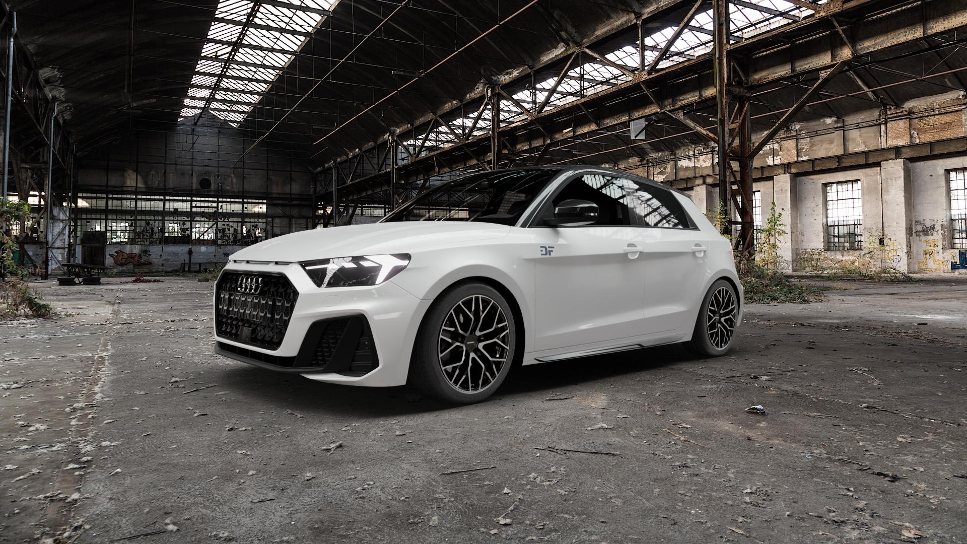 CARMANI 20 Ludwig black polish Felge mit Reifen schwarz in 17Zoll Winterfelge Alufelge auf weissem Audi A1 Typ GB (Sportback) ⬇️ mit 15mm Tieferlegung ⬇️ Old Industrial Hall_max5000mm_2022 Frontansicht_1