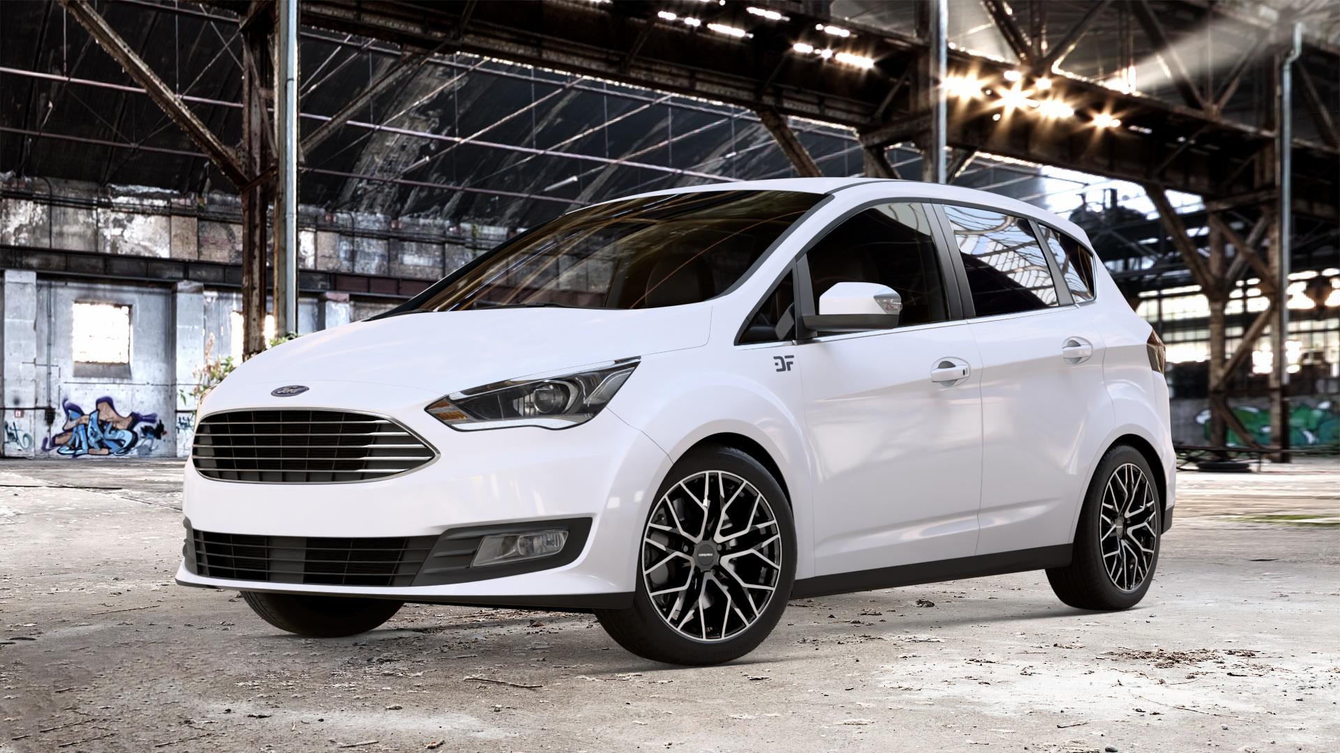 CARMANI 20 Ludwig black polish Felge mit Reifen schwarz in 17Zoll Winterfelge Alufelge auf weissem Ford C-Max II Typ DXA Facelift (15->) ⬇️ mit 15mm Tieferlegung ⬇️ Old Industrial Hall_max_4400mm_2024 Frontansicht_1