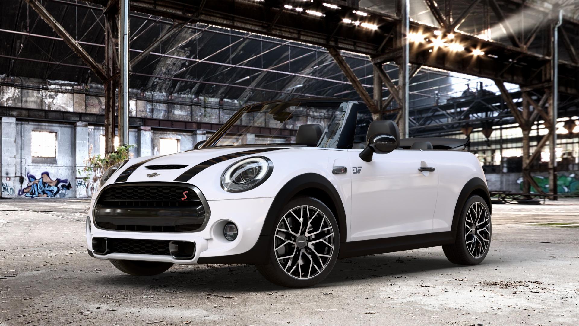 CARMANI 20 Ludwig black polish Felge mit Reifen schwarz in 17Zoll Winterfelge Alufelge auf weissem Mini F57 Typ UKL-L (Cabriolet) 2,0l Cooper S 141kW (192 PS) SD 125kW (170 JCW 170kW (231 FMCA 155kW (211 120kW (163 Facelift ⬇️ mit 15mm Tieferlegung ⬇️ Old Industrial Hall_max_4400mm_2024 Frontansicht_1